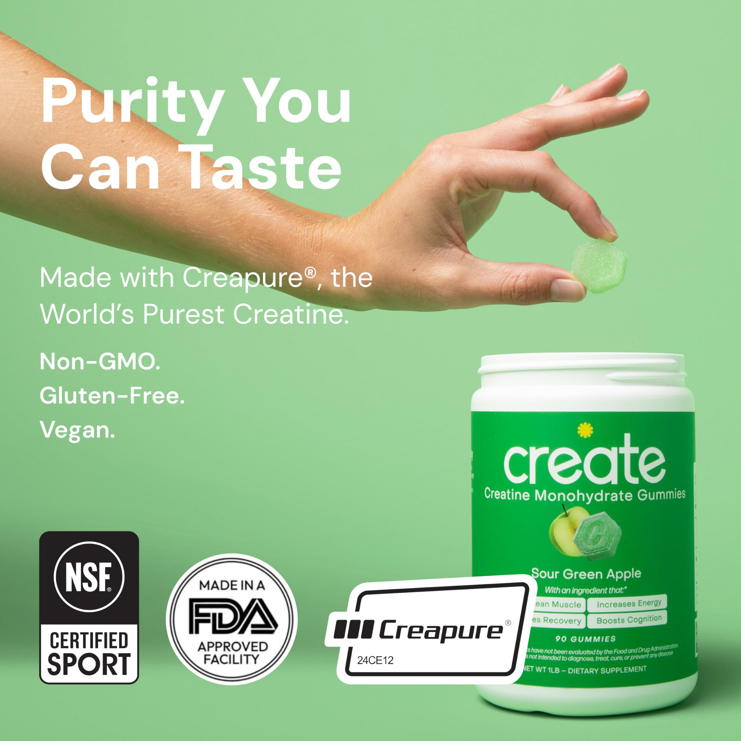 Create Creatine Monohydrate Gummies for Men & Women, Boost Focus, Strength, and Endurance, Anti-Melting Formula, Vegan, Gluten-Free, Non-GMO, 1.5g of Creatine per Gummy (Sour Green Apple) Create Au supplements