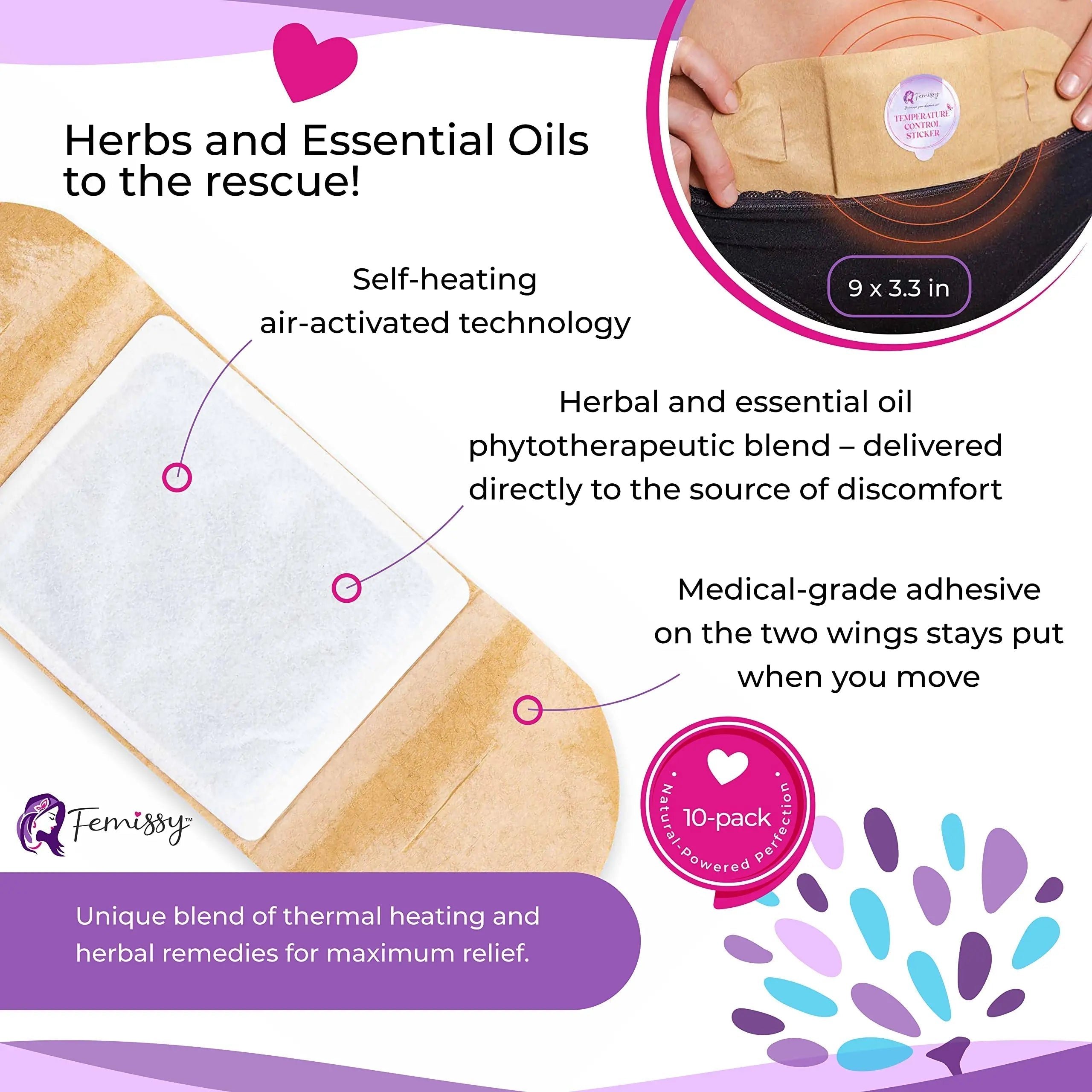 Heat Patches for Menstrual Cramps Based on Flow Strength, 10 Period Patches for Weak & Normal Flow & 1 Single Patch with Natural Herbs & Oils; Disposable Stick On Heating Pads Cramp-Free Period Femissy Au supplements