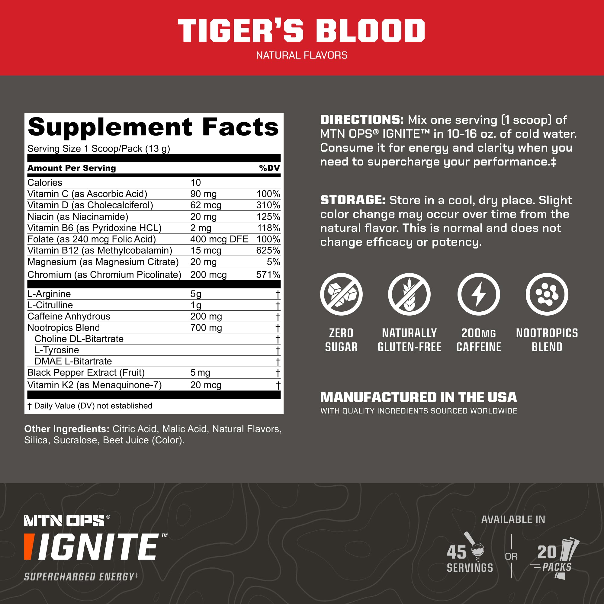 MTN OPS Ignite Trail Packs Energy Drink Powder, Gluten Free Nootropic Supplement Drink Mix, L Arginine, L Citrulline, Caffeine & Nootropic Sugar Free Drink Mix, 20 Servings, Tiger's Blood MTN OPS Au supplements