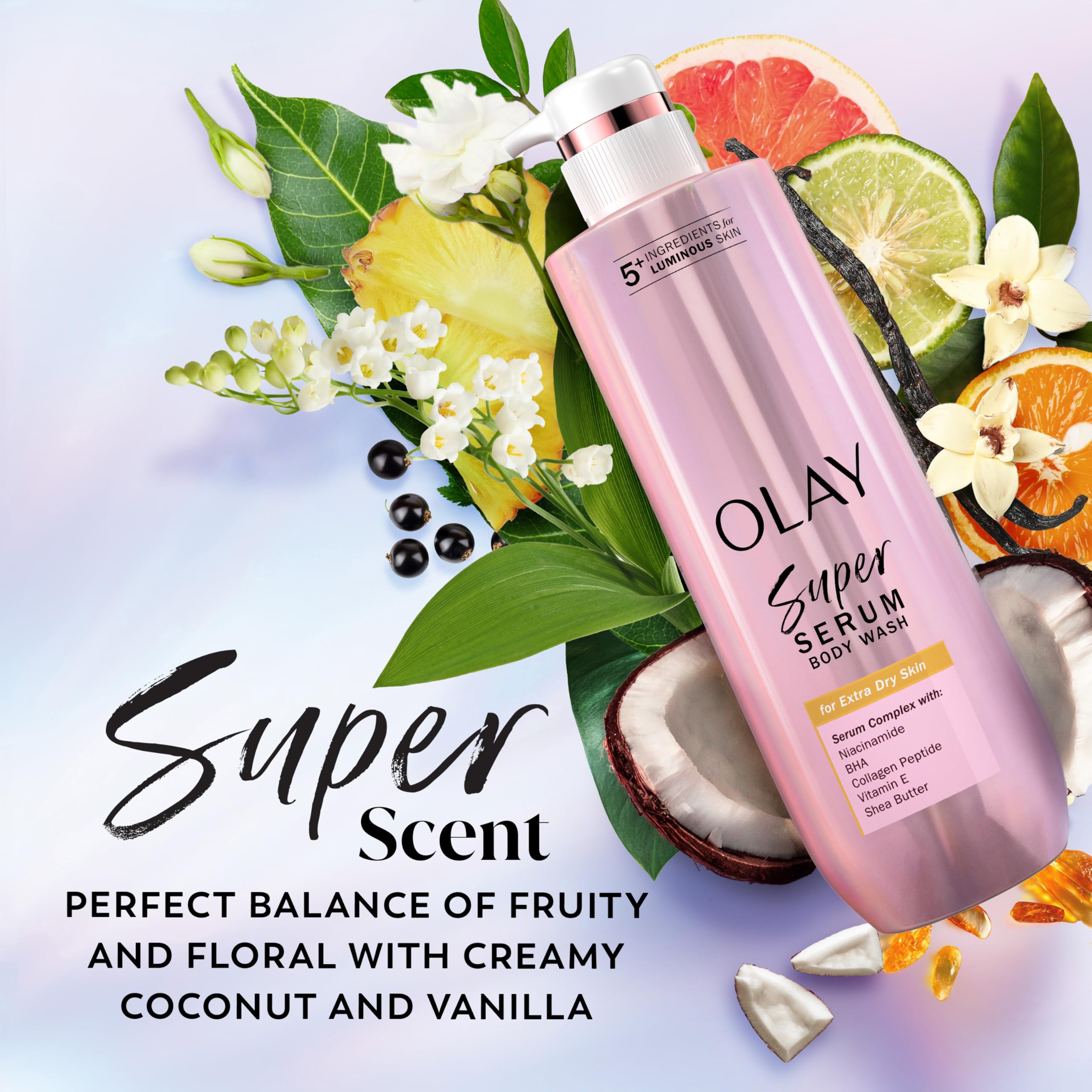 Olay Super Serum Body Wash for Extra Dry Skin, 24hr Long Lasting Hydration, 5+ Ingredient