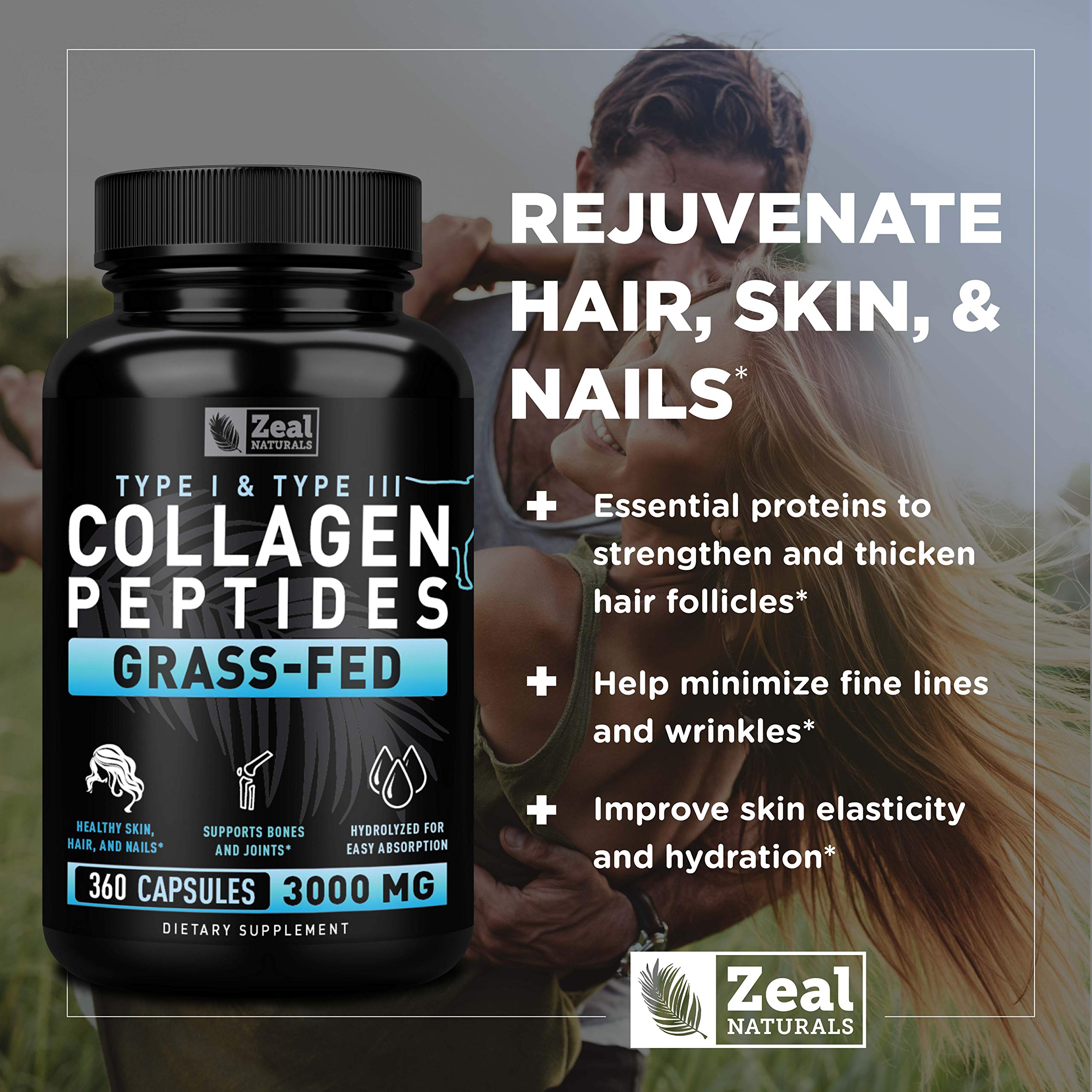 Zeal Naturals Collagen Peptides Collagen Pills (360 Capsules) Grass Fed Collagen Pepetide Powder - Hydrolyzed Collagen Powder for JointTendon SupplementHair Skin and Nails - Zeal Naturals Au supplements