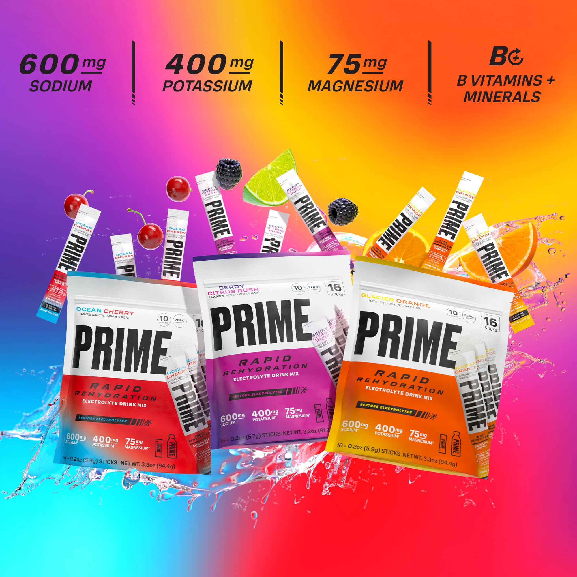 Prime Rapid Rehydration Electrolyte Powder Sticks, Ocean Cherry, Sugar Free Hydration Drink Mix with Sodium, Potassium, Magnesium & B Vitamins
