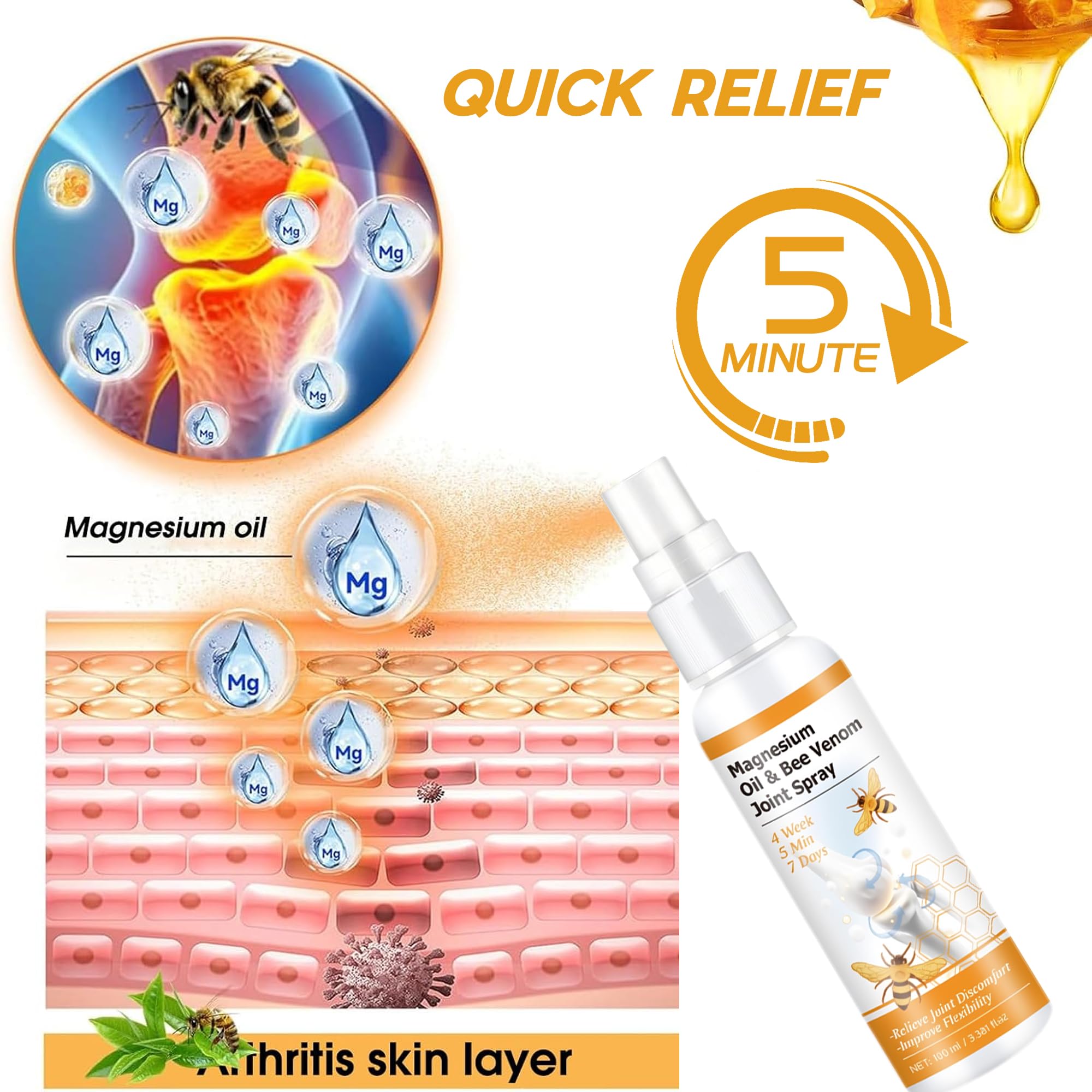 Loicwoo Magnesium Oil & Bee Venom Joint Spray, Magnesium Spray, Magnesium Joint Sprays for Relax Muscle Joints, Bee Venom Sprays for Back, Knee, Hands, Neck (1 PCS,100ML) Loicwoo Au supplements