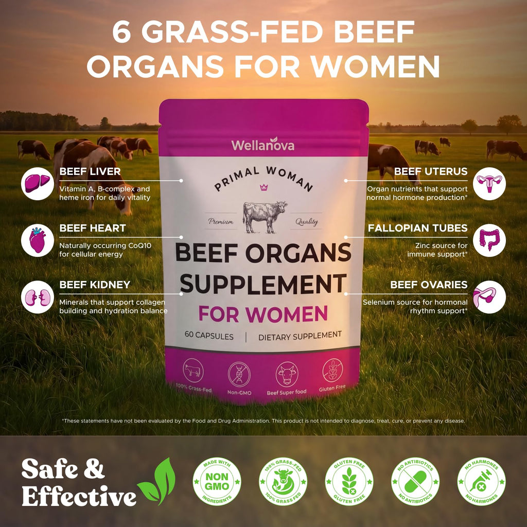 Primal Beef Organ Supplement for Women, Grass-Fed Ancestral Superfood Supplement with Uterus & Liver for Hormone Balance & Queen Energy - 60 Day Supply Wellanova Au supplements