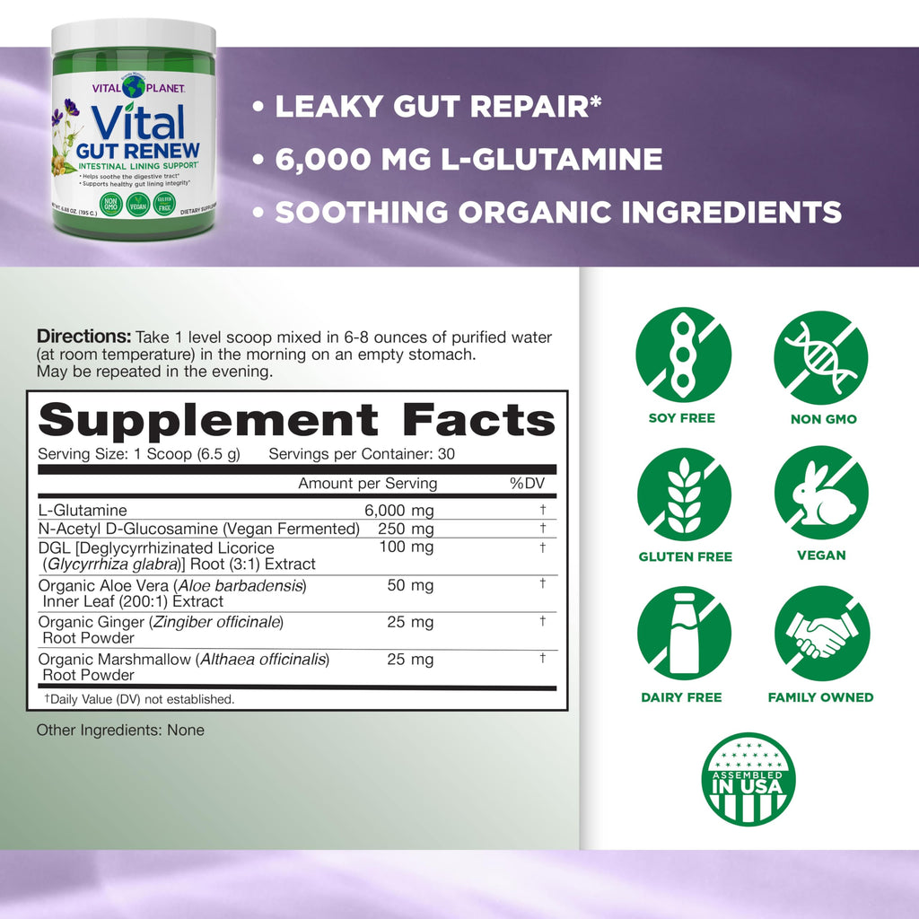 Vital Planet - Vital Gut Renew Powder Supplement for Leaky Gut Repair with L-Glutamine, Marshmallow and Ginger Root, DGL Licorice Root and Organic
