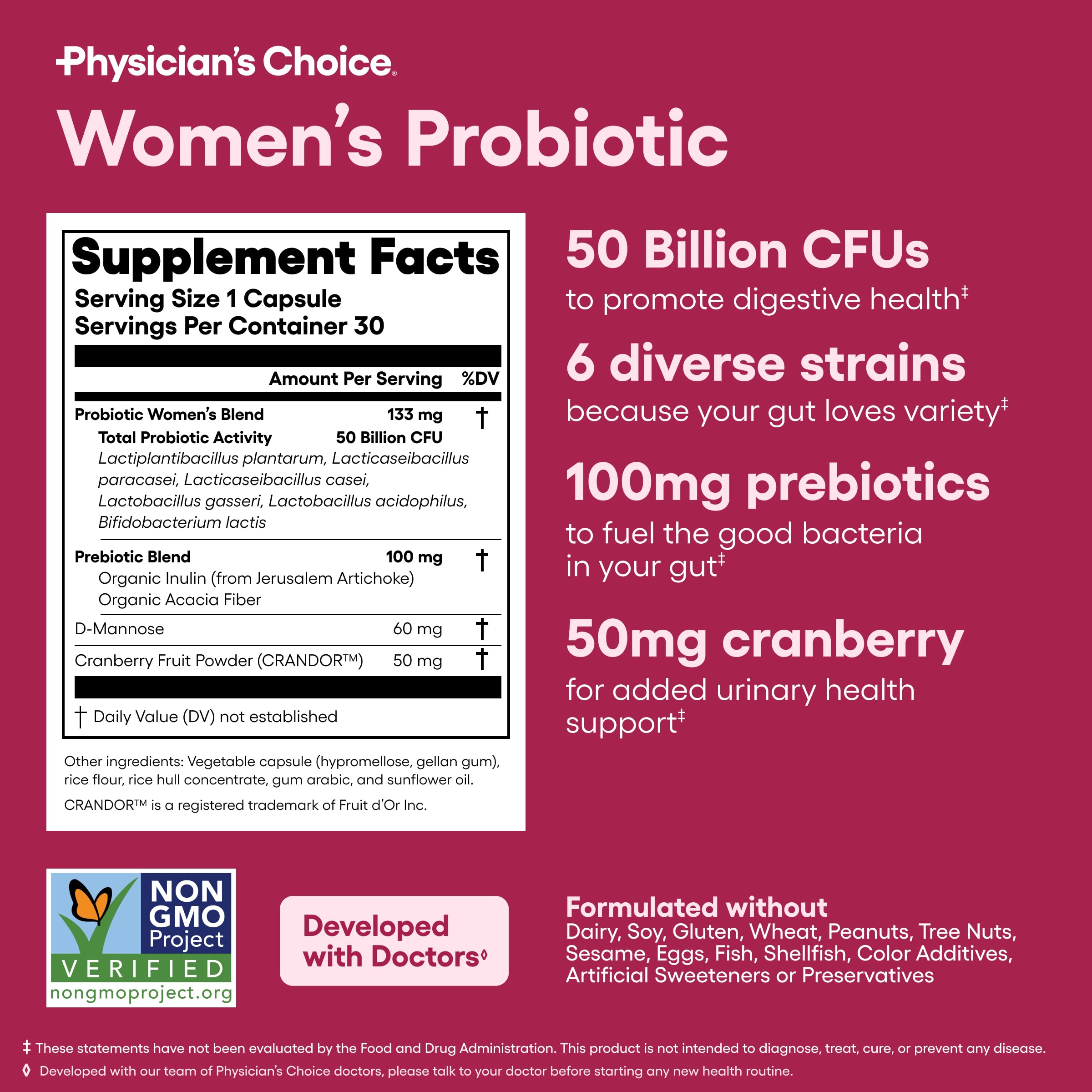 Physician's CHOICE Probiotics for Women - PH Balance, Digestive, UT, & Feminine Health - 50 Billion CFU - 6 Unique Strains for Her - Organic Prebiotics
