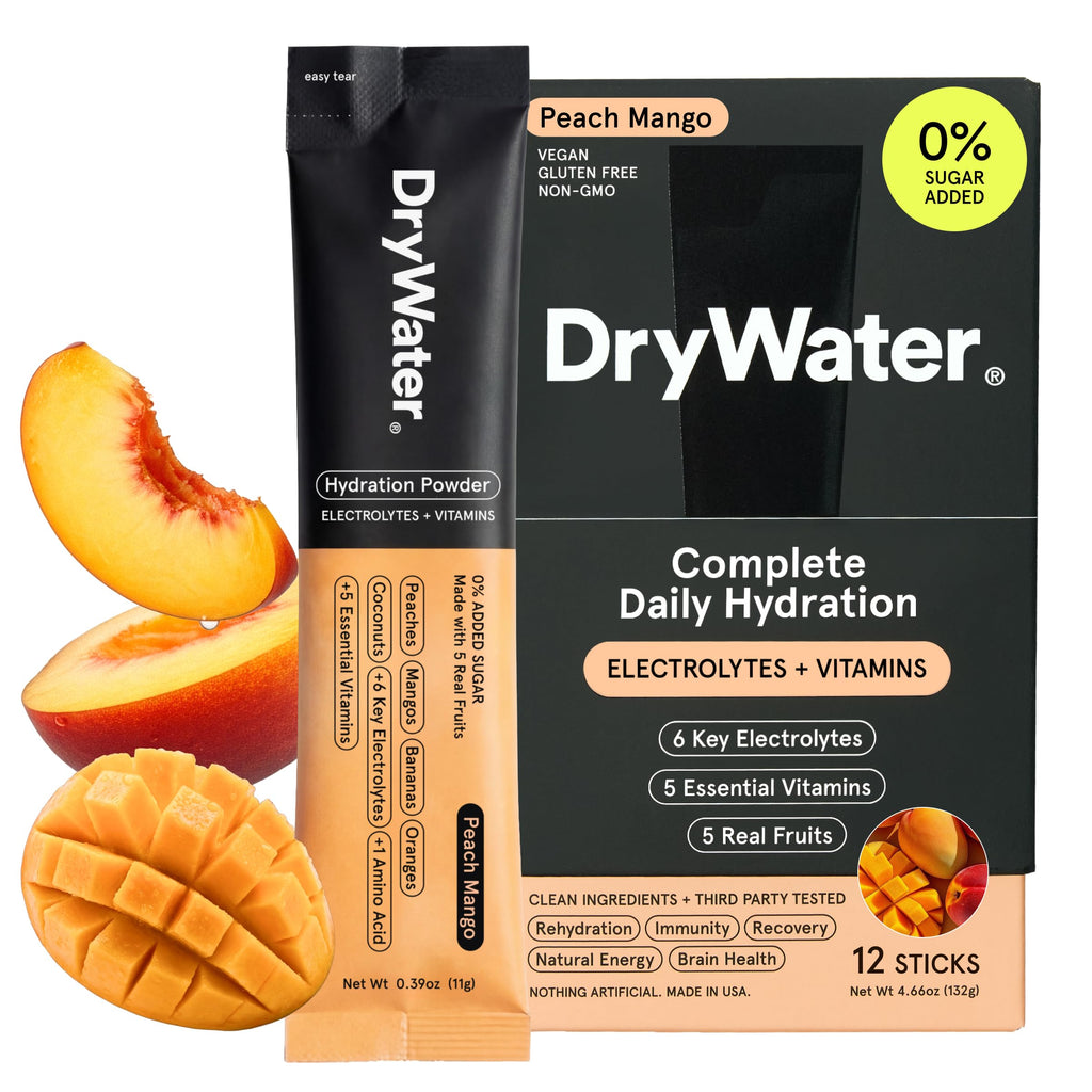 DryWater Electrolyte Powder Packets, Peach Mango - Hydration Packets Drink Mix with Zero Added Sugar for Rehydration & Energy - 6 Key Electrolytes