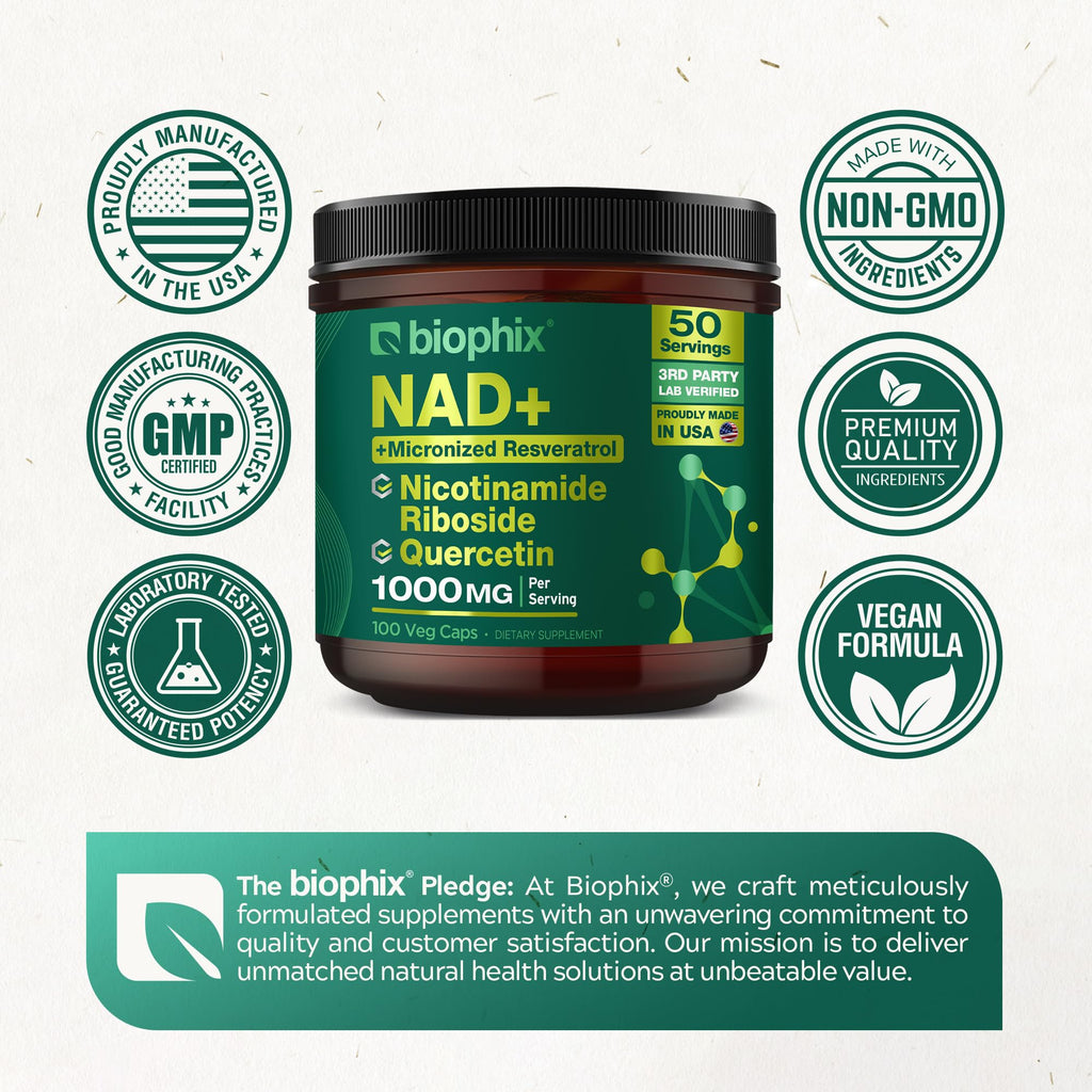 biophix NAD+ Liposomal Supplement for Women & Men - 1000 mg per Serving - Nicotinamide Riboside, Micronized Resveratrol & Quercetin Complex - 100 Veg Capsules - Non-GMO, Gluten-Free, cGMP Certified biophix Au supplements