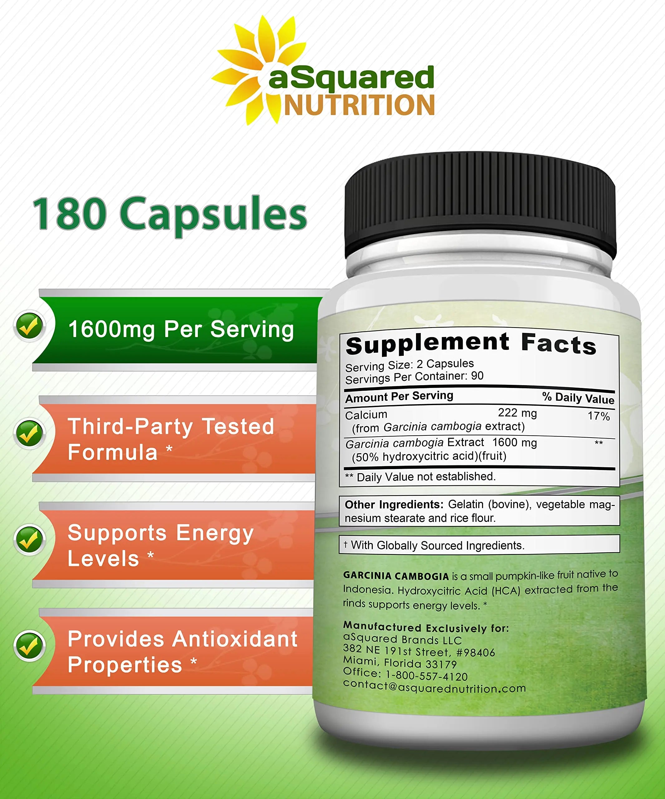 aSquared Nutrition Garcinia Cambogia 1600mg-180 Capsules-Natural Pure Extract Pills aSquared Nutrition Au supplements