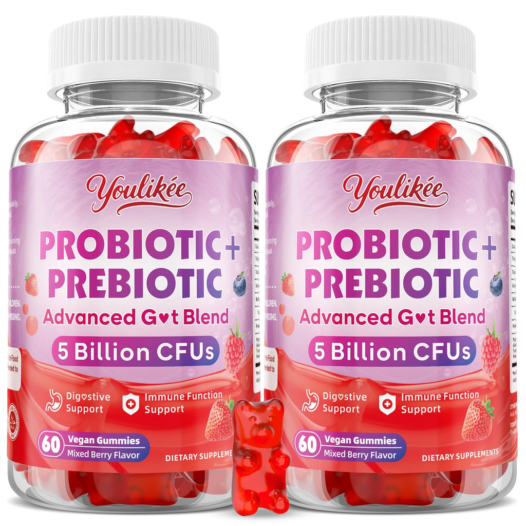 Youlikee 2 Pack Prebiotic + Probiotic Gummies for Women and Men, Probiotic Gummies Supports Gut Health, 5 Billion CFUs with Fibers,