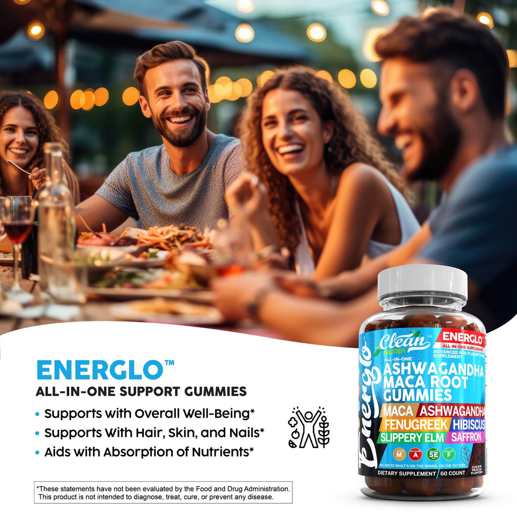 Ashwagandha Maca Root Gummies with Fenugreek Hibiscus Slippery Elm Saffron Extract & Beta Carotene | Peach Flavor Vegan Gummy Vitamins Adaptogen Cortisol Supplement Energlo by Clean Nutra Clean Nutraceuticals Au supplements