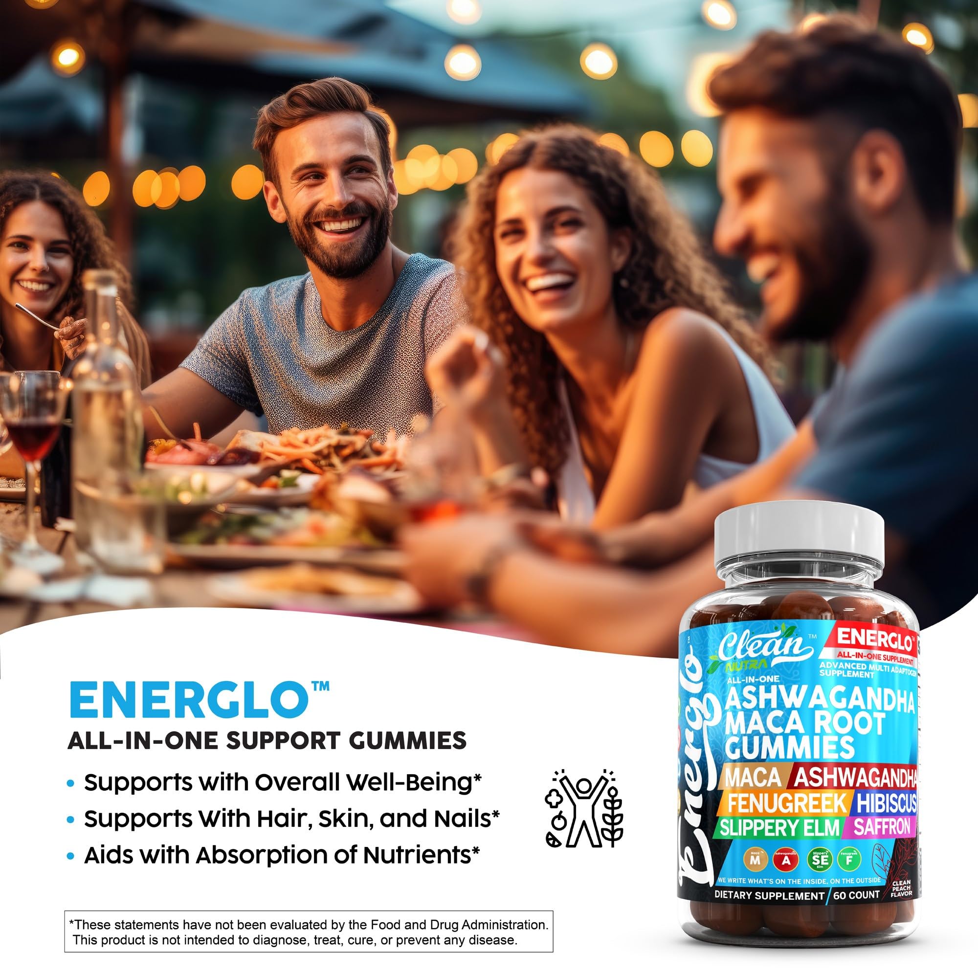 Ashwagandha Maca Root Gummies with Fenugreek Hibiscus Slippery Elm Saffron Extract & Beta Carotene | Peach Flavor Vegan Gummy Vitamins Adaptogen Cortisol Supplement Energlo by Clean Nutra Clean Nutraceuticals Au supplements