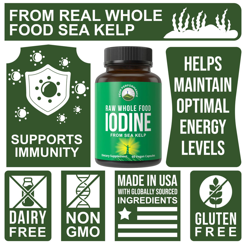 Raw Whole Food Iodine Supplement from Organic Kelp (Ascophyllum Nodosum) by Peak Performance. Potassium Iodide Support Tablets. for Metabolism, Energy, and Immune. 60 Vegan Capsules, Pills. Peak Performance Au supplements