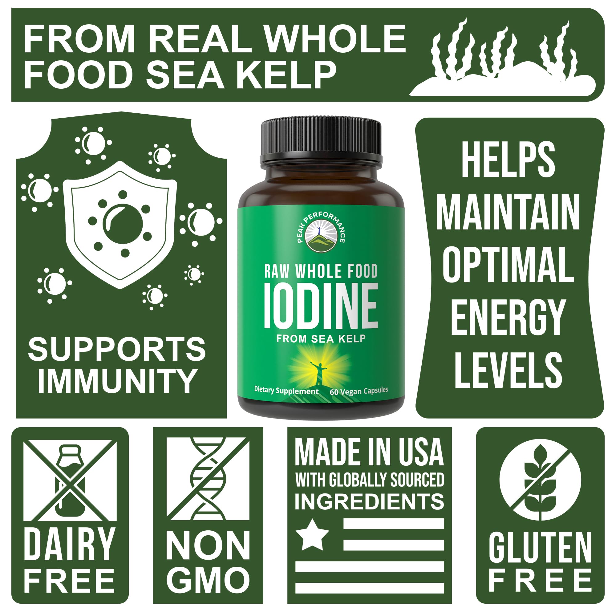 Raw Whole Food Iodine Supplement from Organic Kelp (Ascophyllum Nodosum) by Peak Performance. Potassium Iodide Support Tablets. for Metabolism, Energy, and Immune. 60 Vegan Capsules, Pills. Peak Performance Au supplements