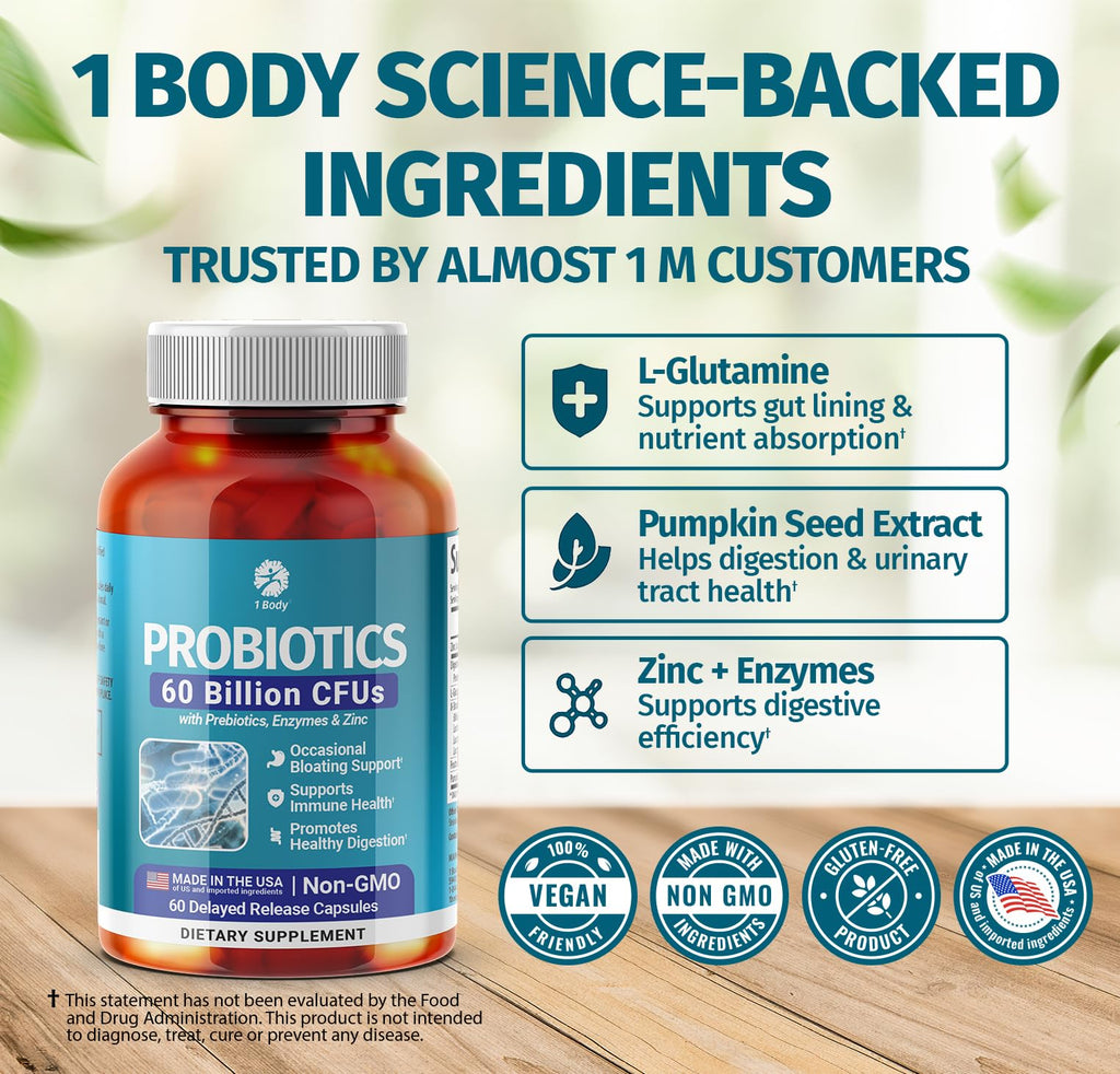 1 Body Probiotic 60 Billion for Men & Women, Gut Health Support with Prebiotics, Digestive Enzymes, Zinc & L-Glutamine, Non-GMO, 60 Vegan Capsules