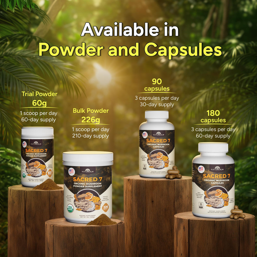 Naturealm Sacred 7 Organic Mushroom Powder Supplement | 7-Month Supply | 7-in-1 Blend with Lions Mane, Reishi, Chaga | Brain & Immune Support
