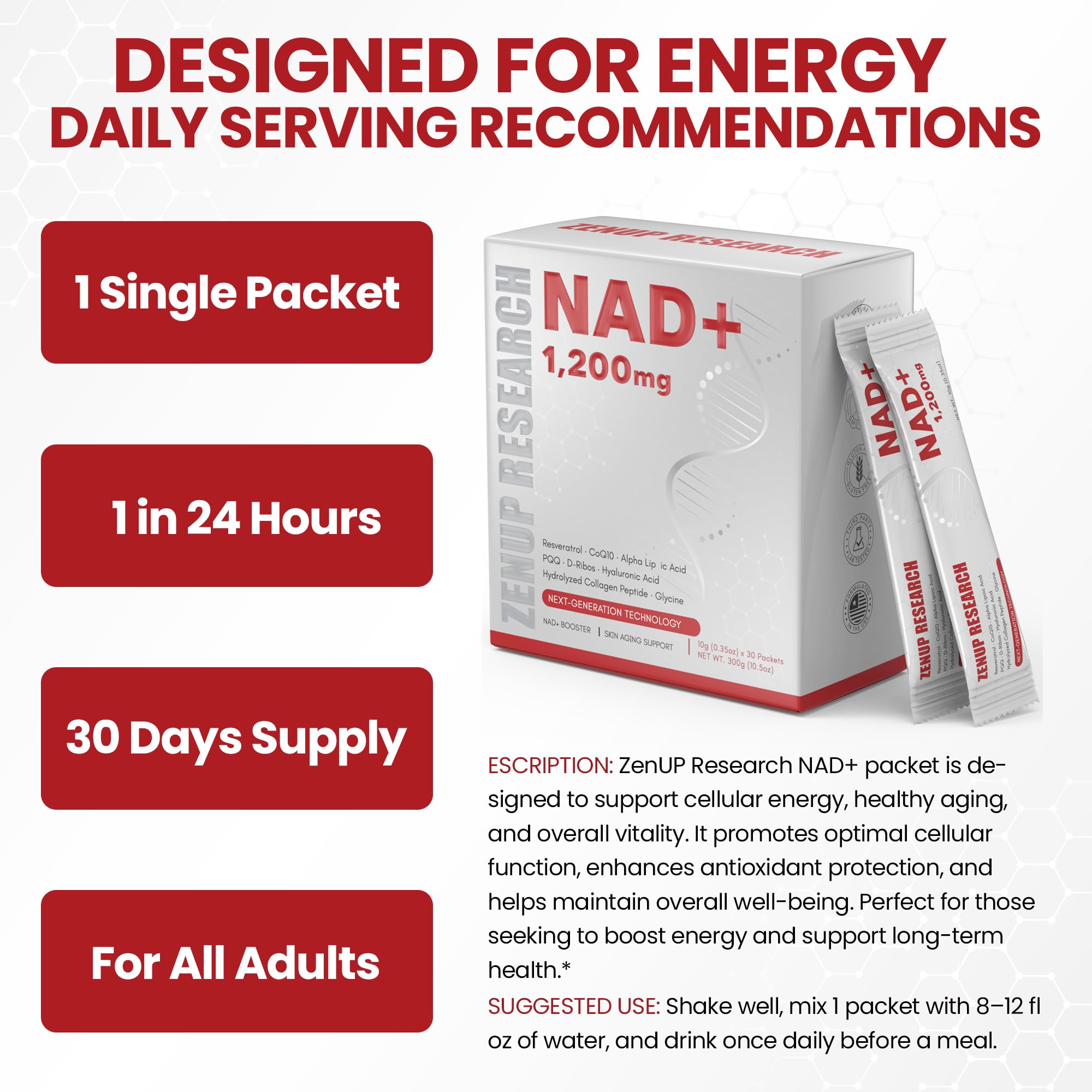 ZenUP Liquid NAD, Extra Strength 1,200mg NAD+ Supplement with CoQ10, Resveratrol, D-Ribose & PQQ for Men & Women, Natural NAD+ Stick for Anti-Aging, Energy, Focus - 30 Packets ZenUP Au supplements