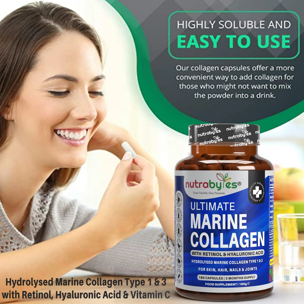 High Strength Marine Collagen with Hyaluronic Acid, Retinol and Vitamin C | 180 Capsules - 3 Months Supply NUTRABYTES Au supplements