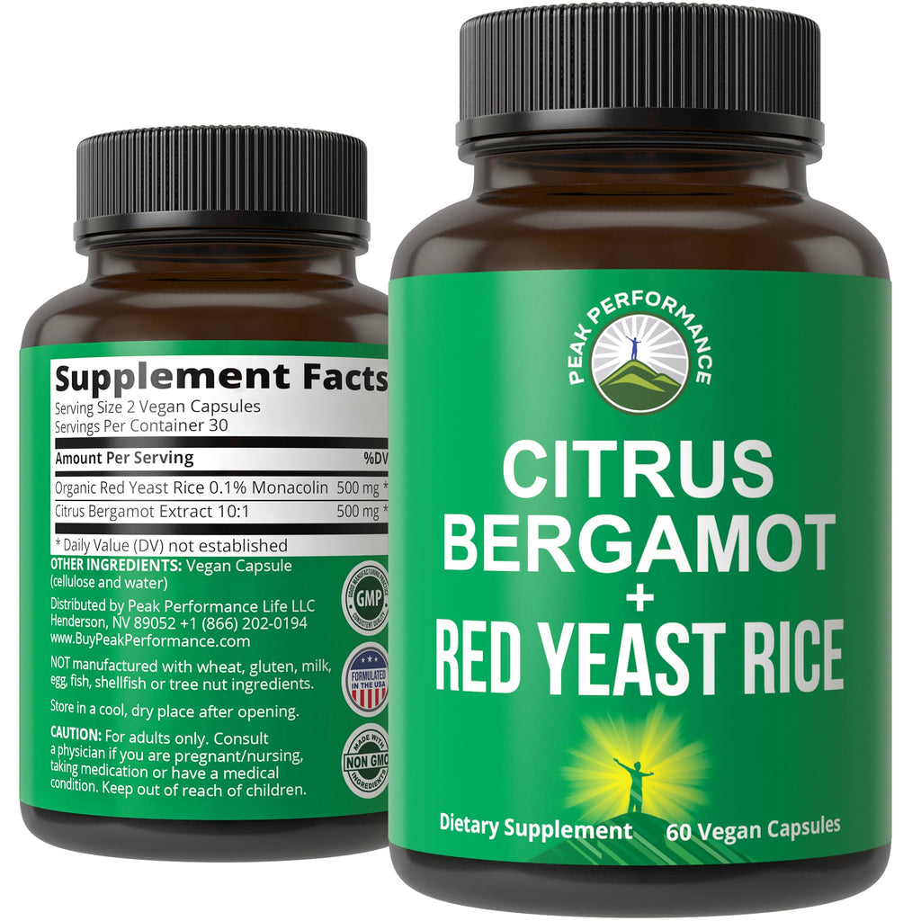 Citrus Bergamot + Red Yeast Rice. 2-in-1 Supplement. High Strength 10:1 Bergamot Extract. No Gluten, Zero Sugar, Vegan Capsules Peak Performance Au supplements