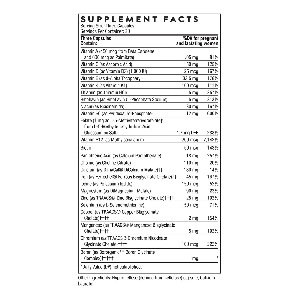 THORNE - Basic Prenatal - Well-Researched Folate Multi for Pregnant and Nursing Women Includes 18 Vitamins and Minerals, Plus Choline - Gluten, Dairy & Soy-Free - 90 Capsules - 30 Servings THORNE Au supplements