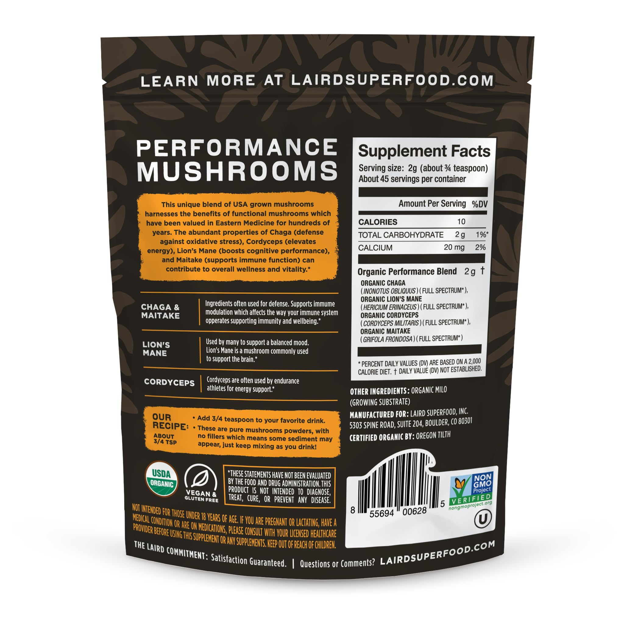 Laird Superfood Organic Performance Mushroom Blend with Chaga, Cordyceps, Lion's Mane and Maitake for Energy