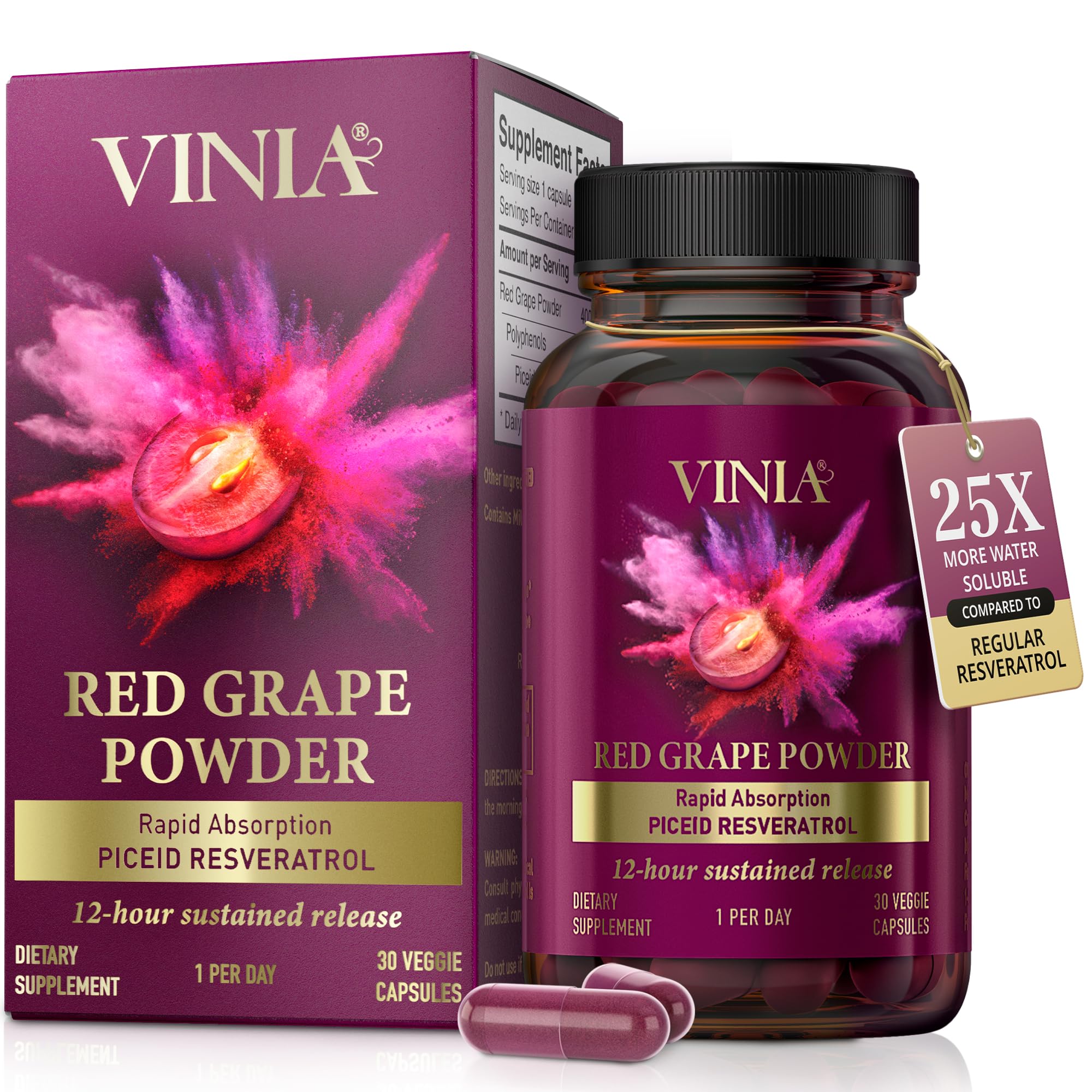 VINIA Piceid Resveratrol Supplement Capsules. Increases Blood Flow and Nitric Oxide. Blood Pressure and Heart Health Support