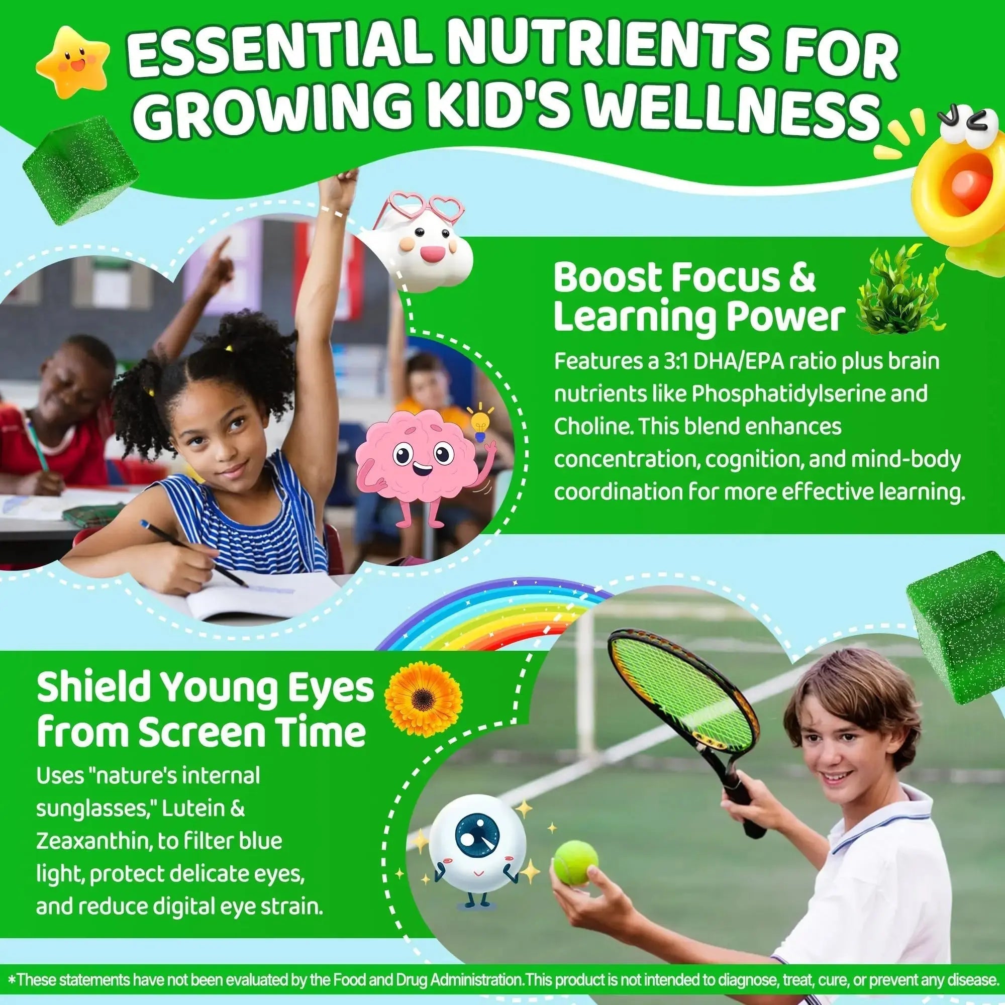 Kids Super Greens Gummies, w/Multivitamins, Spirulina, Chlorella, Spinach, Broccoli, Calcium, Omega-3 (DHA/EPA) EnvyCure Au supplements