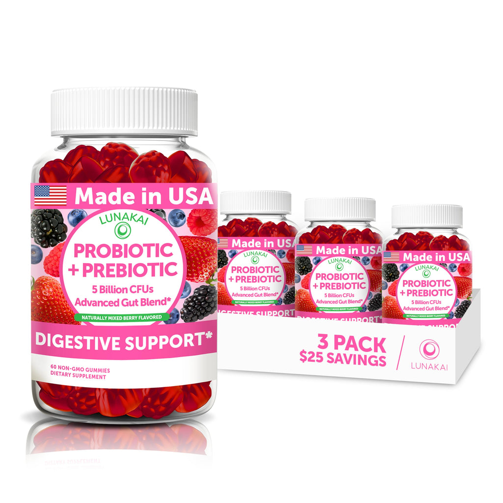 Lunakai USA Made Prebiotic + Probiotic Gummies for Women and Men - High Potency 5 Billion CFUs with Fibers - Non-GMO Gut Health Support - 3 Pack