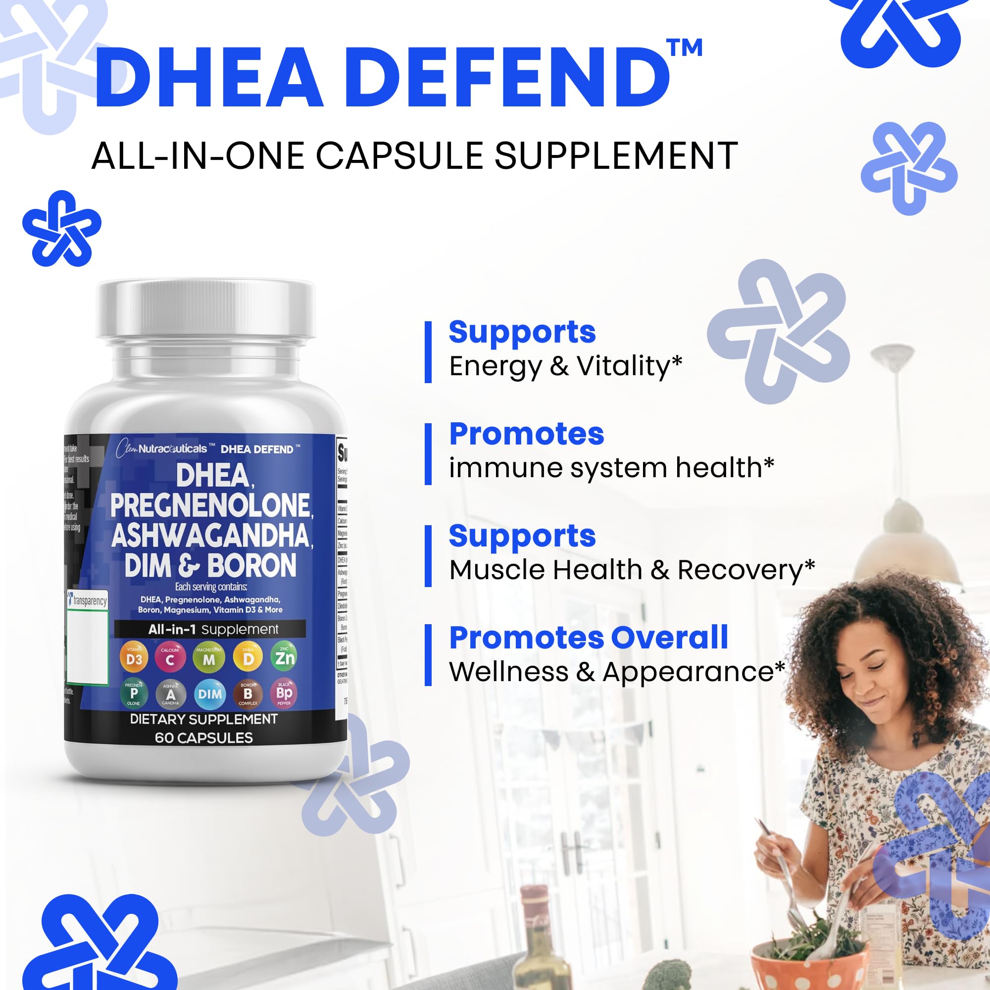 DHEA 200mg Supplement Pregnenolone 100mg for Men & Women with DIM Ashwagandha Boron 6mg Complex Calcium Magnesium Zinc 50mg Vitamin D3 5000 iu Hormone Support Capsules Pills - Made in USA 60 Ct Clean Nutraceuticals Au supplements