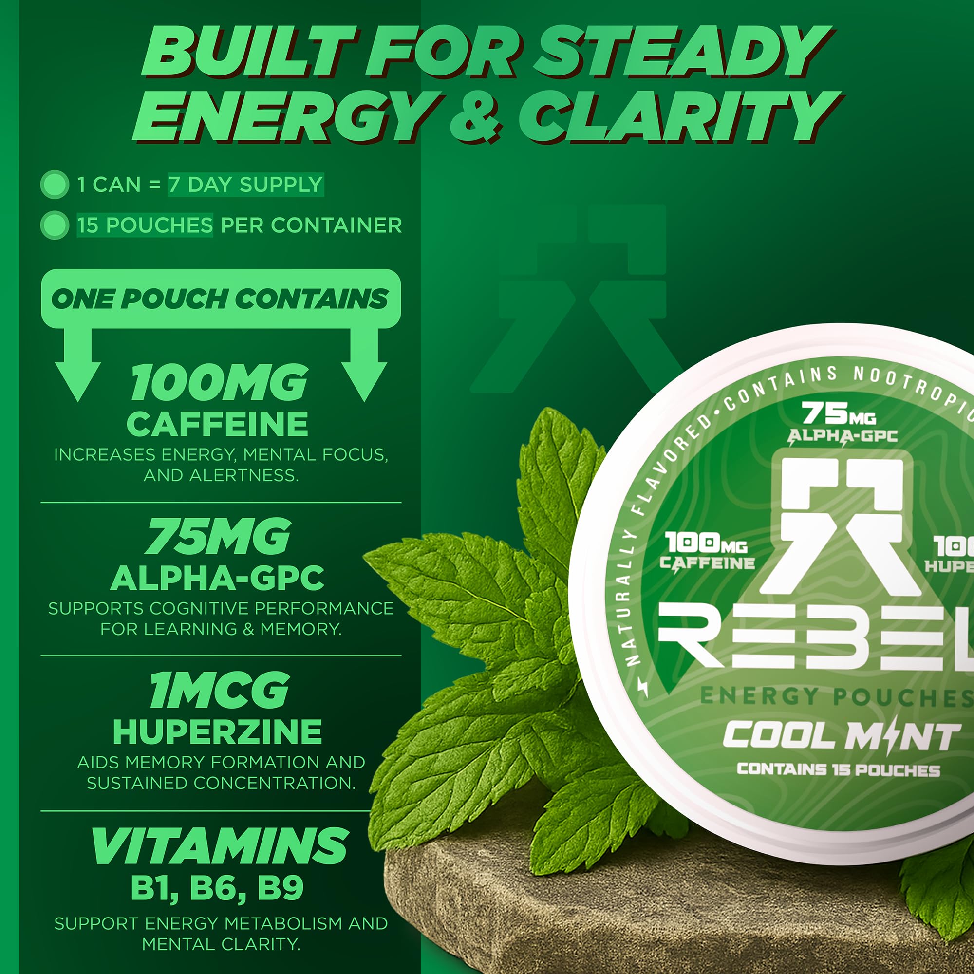 Rebel Nootropic Energy Caffeine Pouches (Cool Mint) • 100mg Caffeine • Alpha GPC • Huperzine A & Essential Vitamins • Sugar-Free • Coconut Fiber Technology • 15 Pouches Per Can (Pack of 4) Rebel Supplements Au supplements
