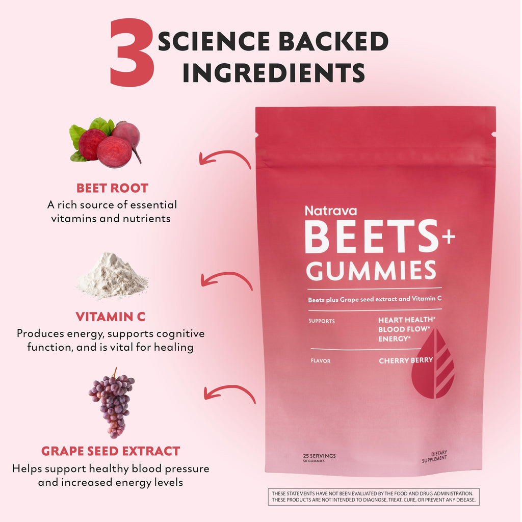 Natrava Beets+ Gummies - Premium Beet Root Powder, Grape Seed Extract and Vitamin C - Supports Healthy Blood Pressure and Heart Health - Low Sugar Nitric Oxide and Circulation Supplement - 50 Gummies