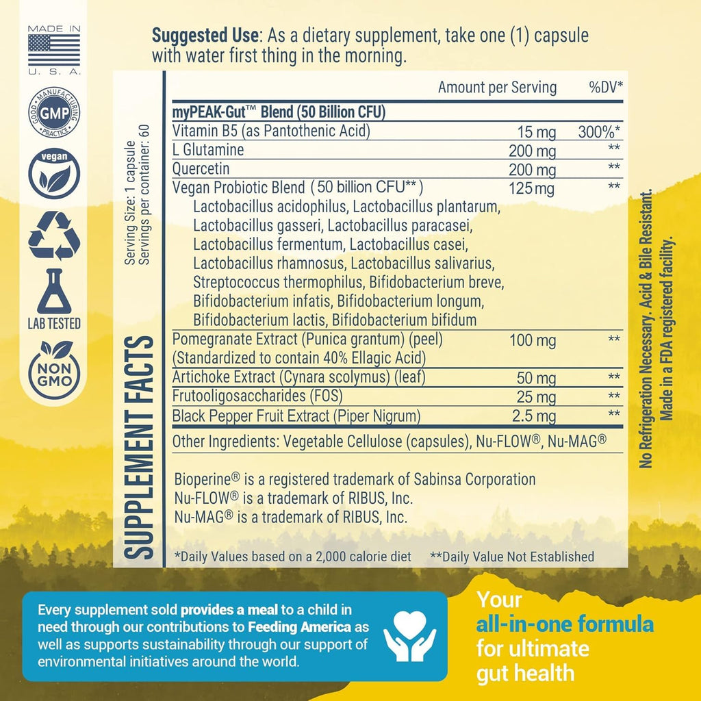 myPEAK PeakBiotic: The Ultimate Vegan Synbiotic with 50 Billion CFU Probiotics Prebiotics Postbiotics Modbiotics and Gut Lining to Enhance Digestion, Skin, and Mood with 2-Month Supply, 60 Capsules myPEAK Au supplements