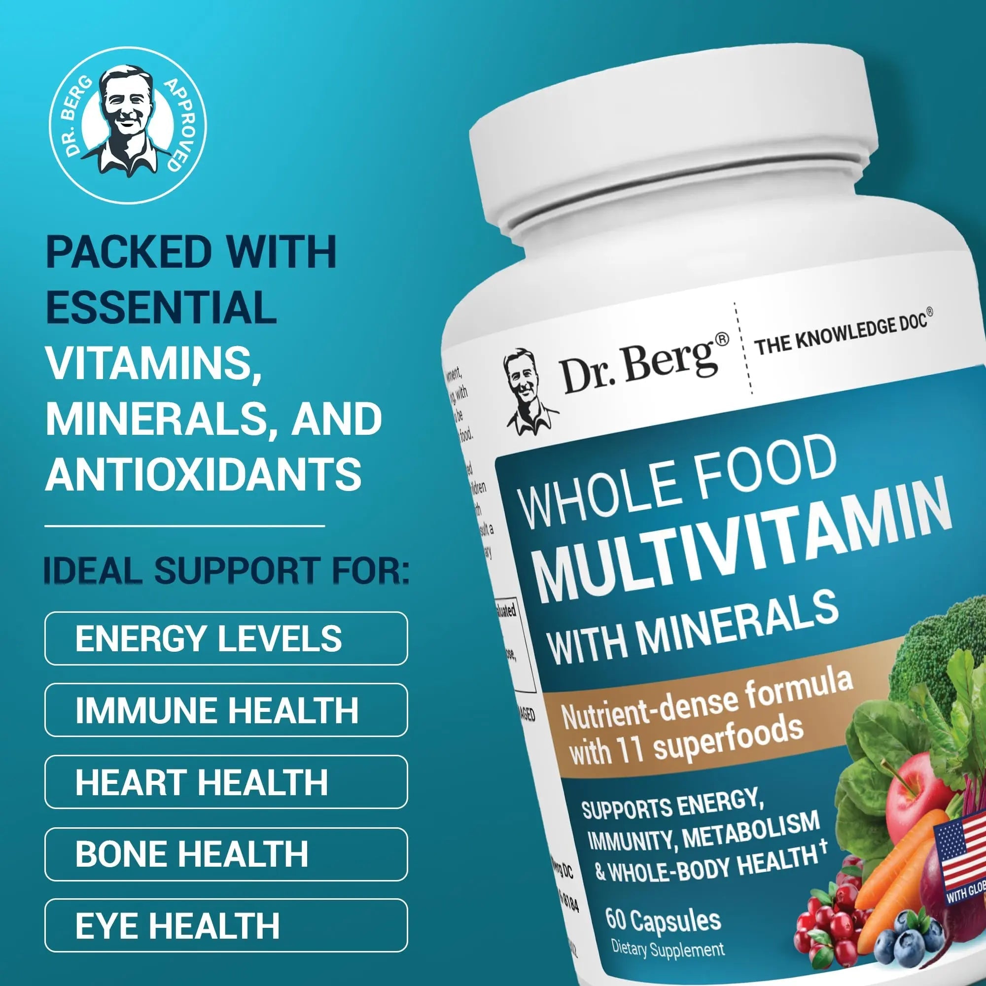Dr. Berg Whole Food Multivitamin with Minerals - Daily Multivitamin for Men and Women - Includes Premium Whole Food Fruits and Vegetable Blend with Folate Dr. Berg Nutritionals Au supplements