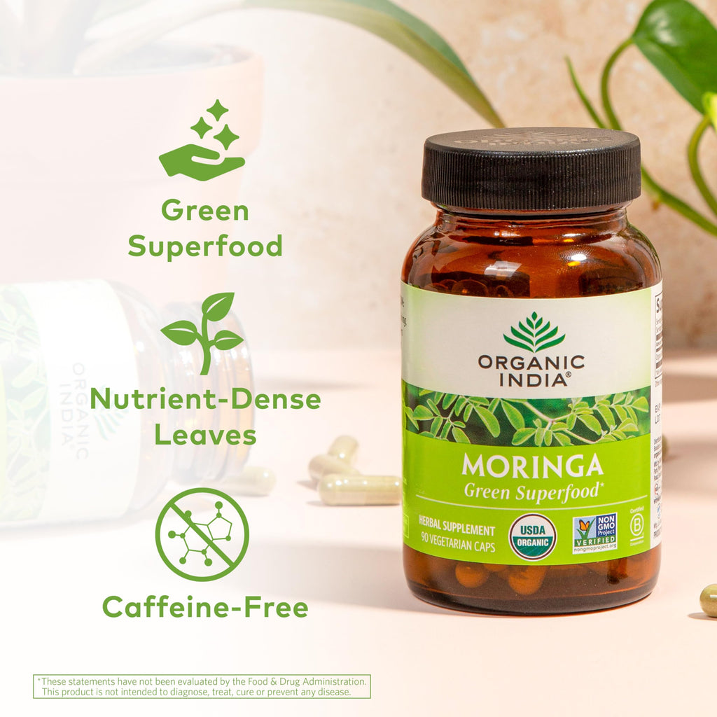 ORGANIC INDIA Moringa Herbal Supplement - Green Superfood, Nutrient Dense, Pure Plant Protein, Vitamin A, E, K, Iron, Calcium, Fiber, Vegan