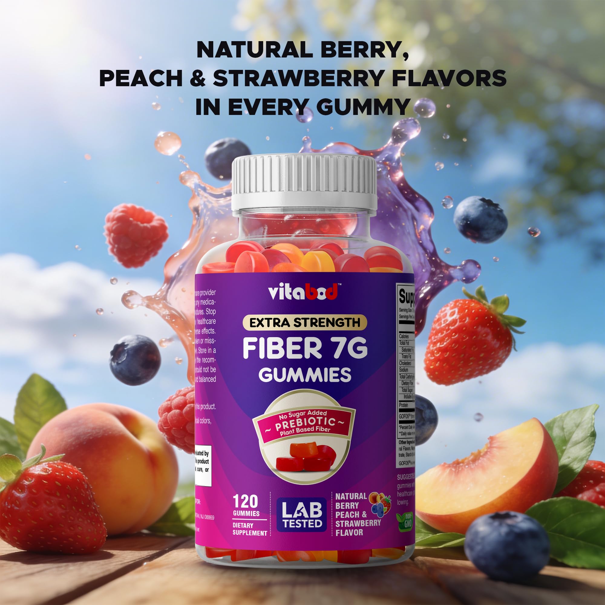 Vitabod Fiber Gummies 7G Per Serving for Digestive Health & Regularity, Prebiotic GOFOS™ Plant-Based Fiber, No Sugar Added, Vegan, Berry Peach Strawberry, 120 Gummies (Adults, Women & Men)