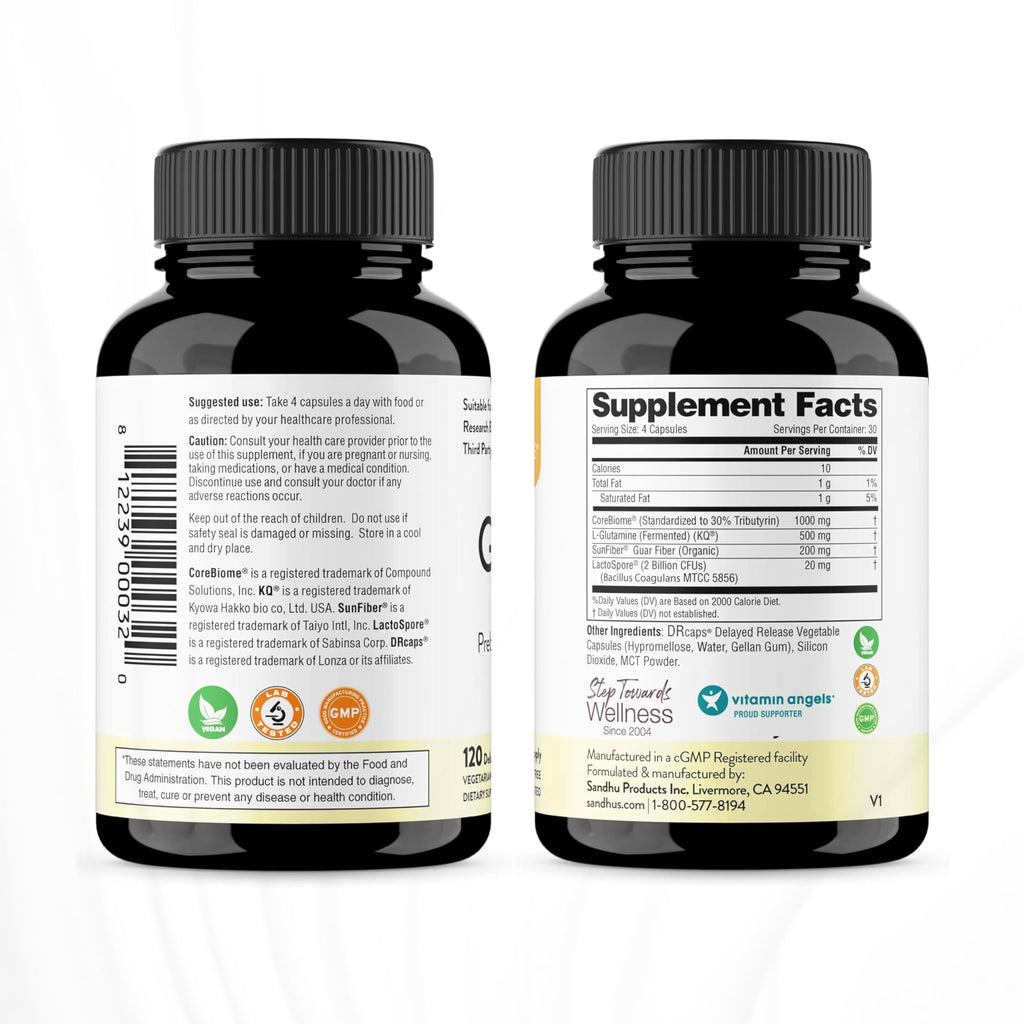 Sandhu's Gut Health - Prebiotic, Probiotic, Postbiotic & L-Glutamine | Digestive Health, Colon, Probiotic Total Supplements | 120 Delayed Release Capsules