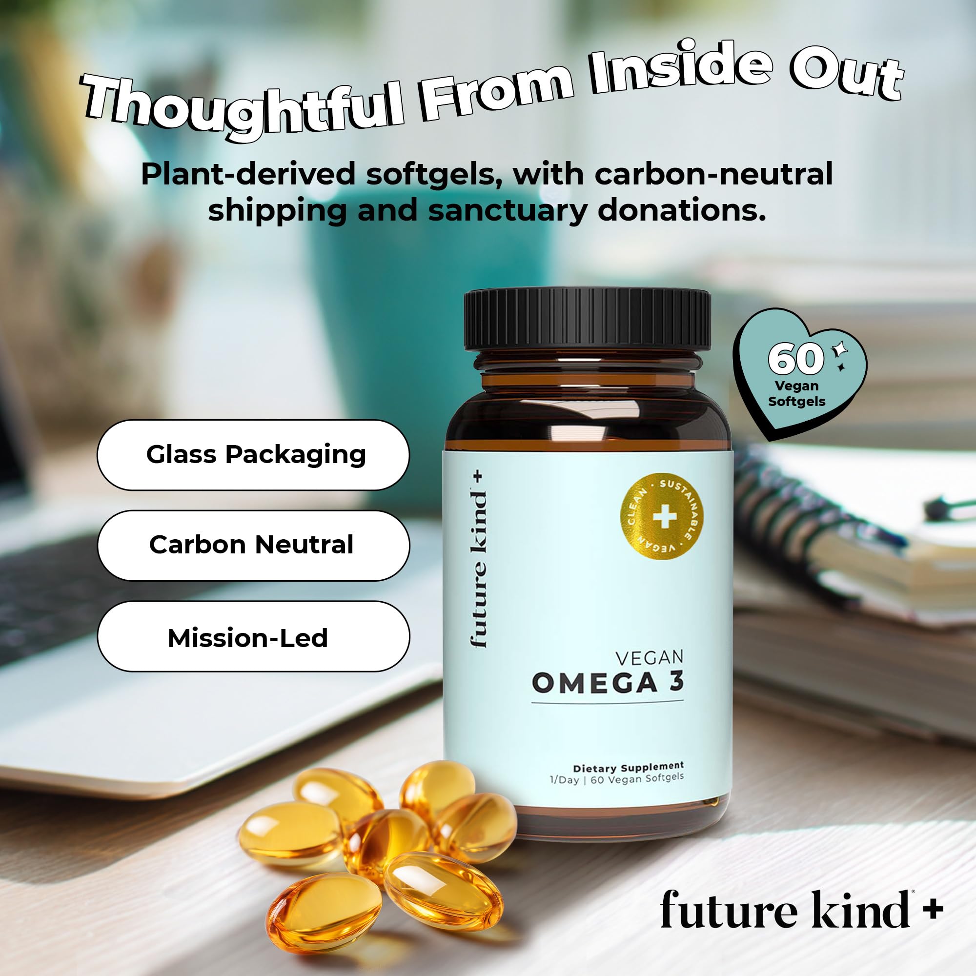 Future Kind Omega-3 Supplement for Clarity, Memory, and Mobility Comfort, 2 Months Supply of Citrus-Scented Softgels with EPA and DHA, Vegan Omega-3 Supplement from Algae, Carrageenan Free, 60 Count Future Kind Au supplements