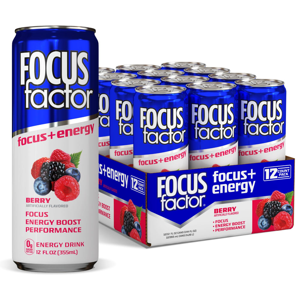 Focus Factor Energy Drink - 12 x 355ml Cans (Berry Flavour) - with Focus + Energy - Lightly Carbonated, Sugar Free, Low Calorie with Vitamin B6 & Vitamin B12 Focus Factor Au supplements