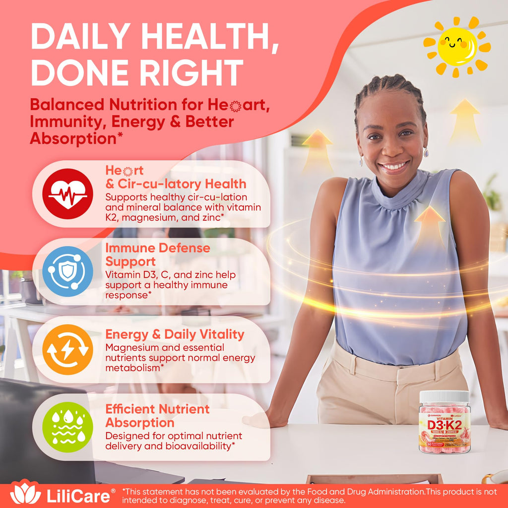 Vitamin D3 K2 Gummies 5000IU / 10,000 IU with 500mg Calcium + K2(MK-7) 200mcg, Magnesium, Vitamin C & Zinc, Extra Strength - Ultimate Absorbency for Bones