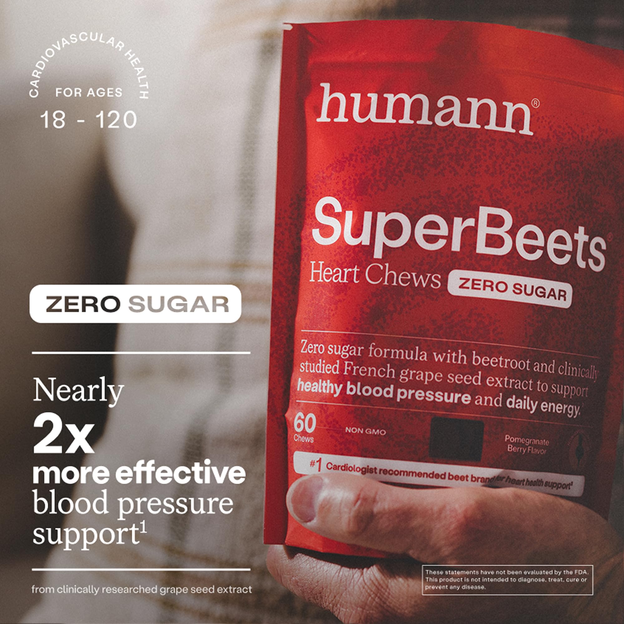 Humann SuperBeets Heart Chews Zero Sugar, Beet Root Supplement, Energy, Nitric Oxide and Blood Pressure Support, Grape Seed Extract & Non-GMO