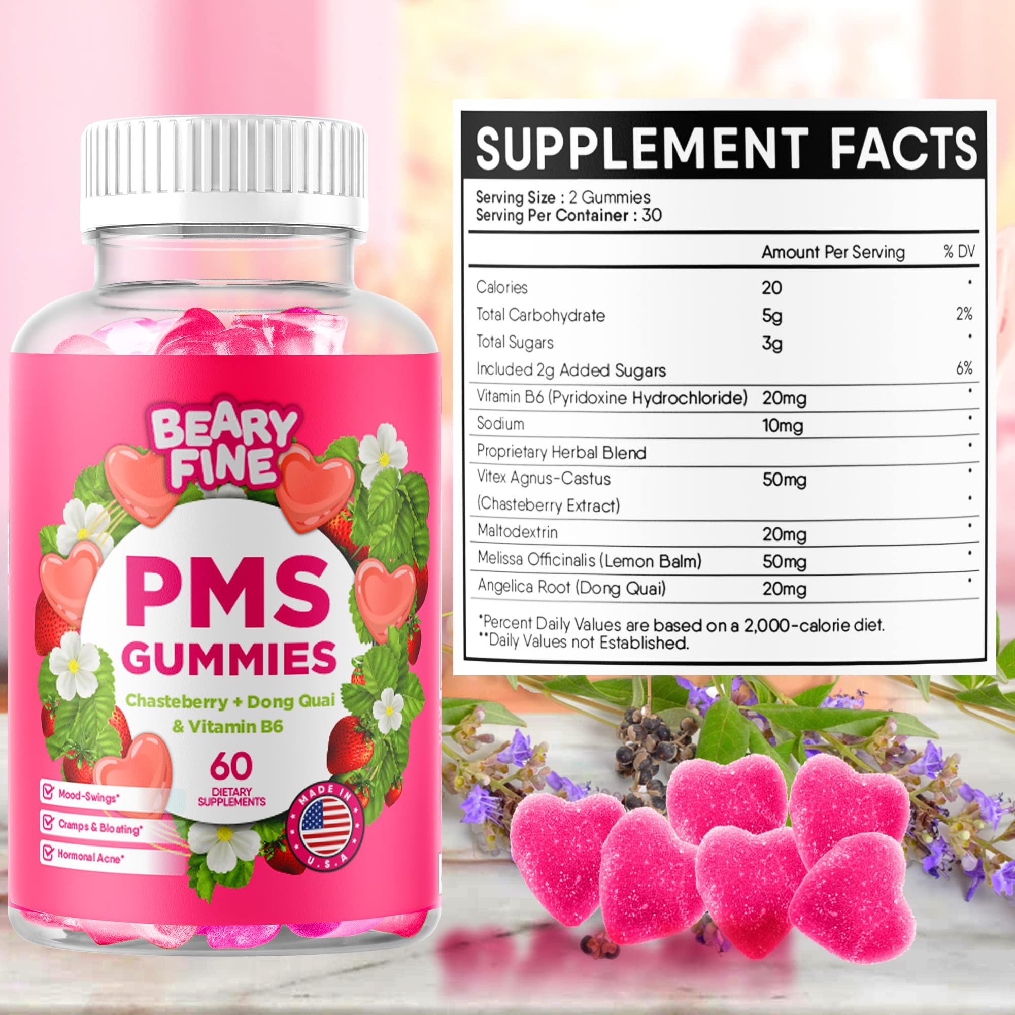 Beary Fine PMS Gummies - PMS Vitamins for Women & Teens - PMS Period Relief - Cramping, Bloating, Mood Swings - Made in The USA (Strawberry, 60 Count) Beary Fine Au supplements