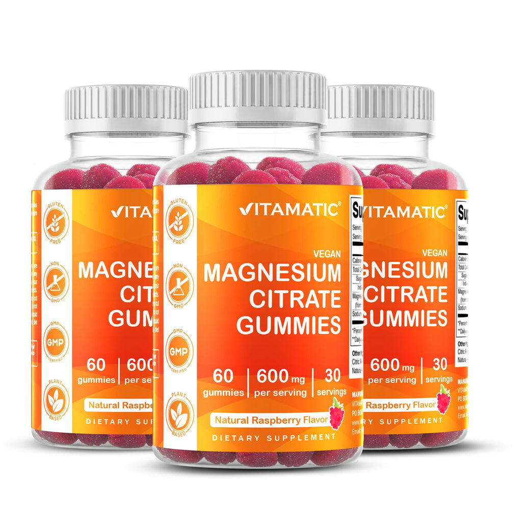 Vitamatic Magnesium Gummies 600mg per Serving – 60 Vegan Gummies – Relaxation, Muscle, Bone & Energy Support – 3 Pack