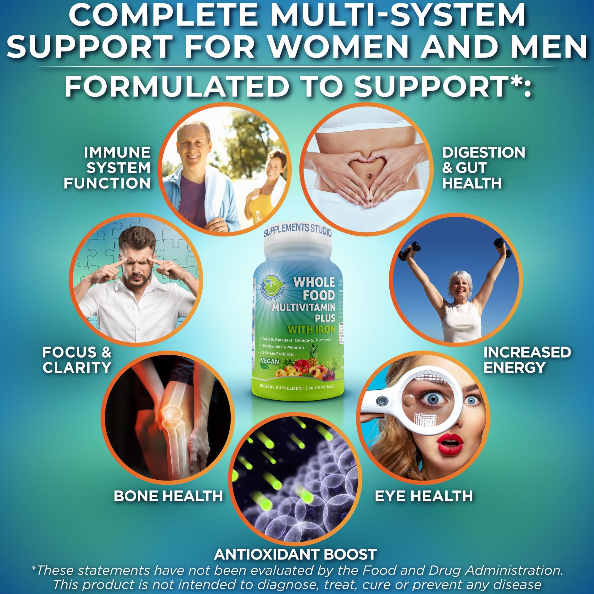 Vegan Whole Food Daily Multivitamin with Iron, Methylated Multivitamin for Women and Men, Made with Fruits & Vegetables, B-Complex, Probiotics, Enzymes