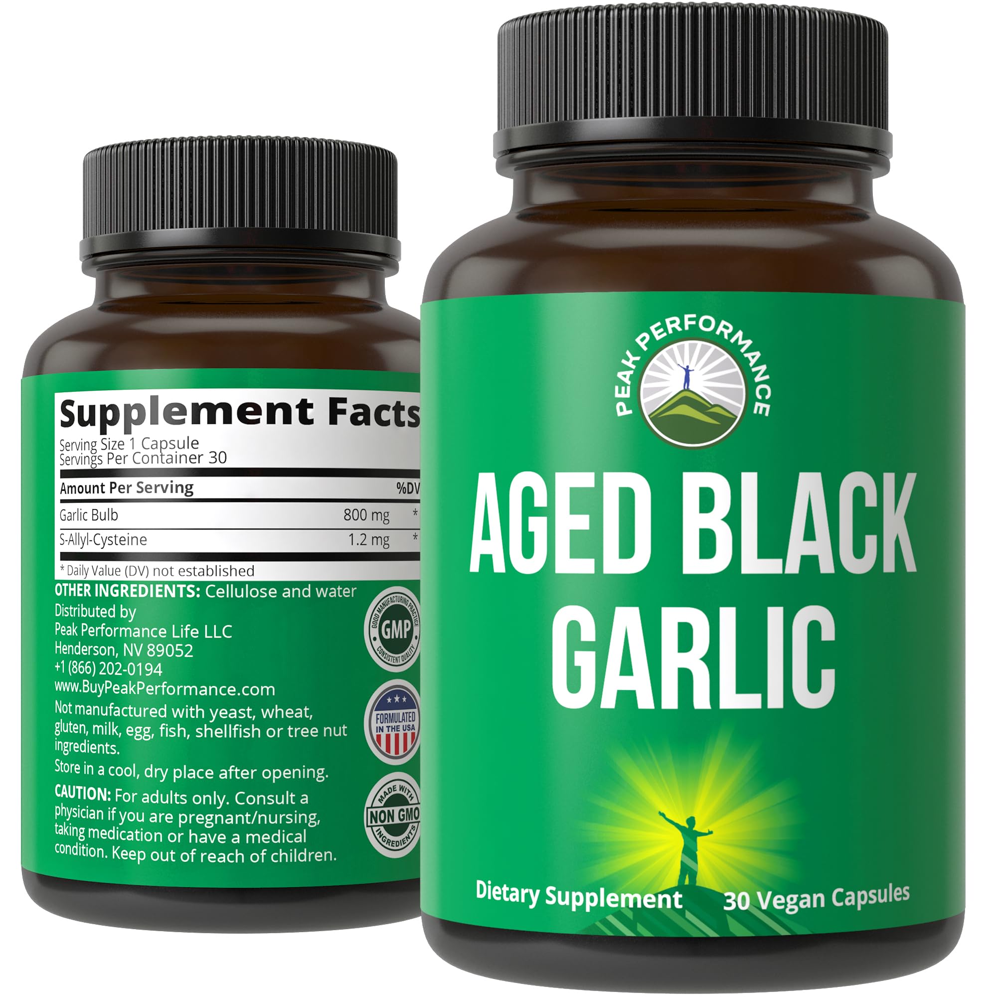 Peak Performance Aged Black Garlic Capsules. Raw Vegan Pure Odorless Extract Supplement Pills for Cholesterol, and Immune Support. from Garlic Bulb with S-Allyl Cysteine and Antioxidants Peak Performance Au supplements