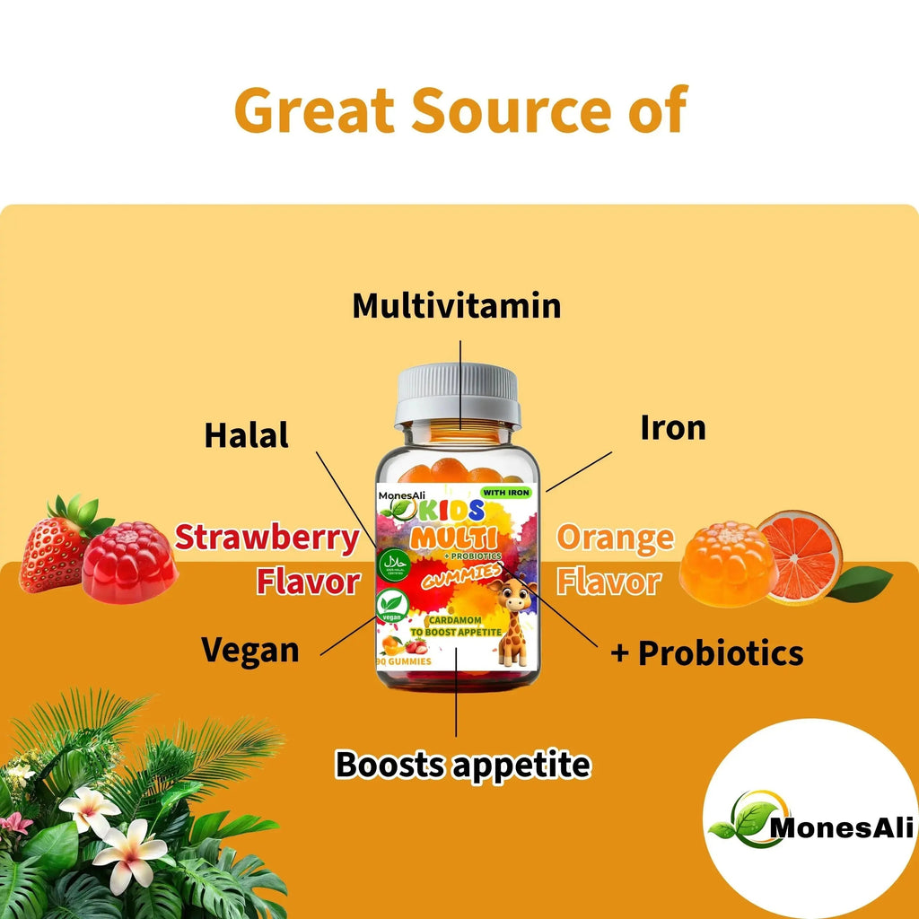 MonesAli Kids Multivitamin Gummies with Iron & Probiotics – Vegan, Gelatin-Free, Halal, Orange & Strawberry Flavors, 90 Count MonesAli Au supplements