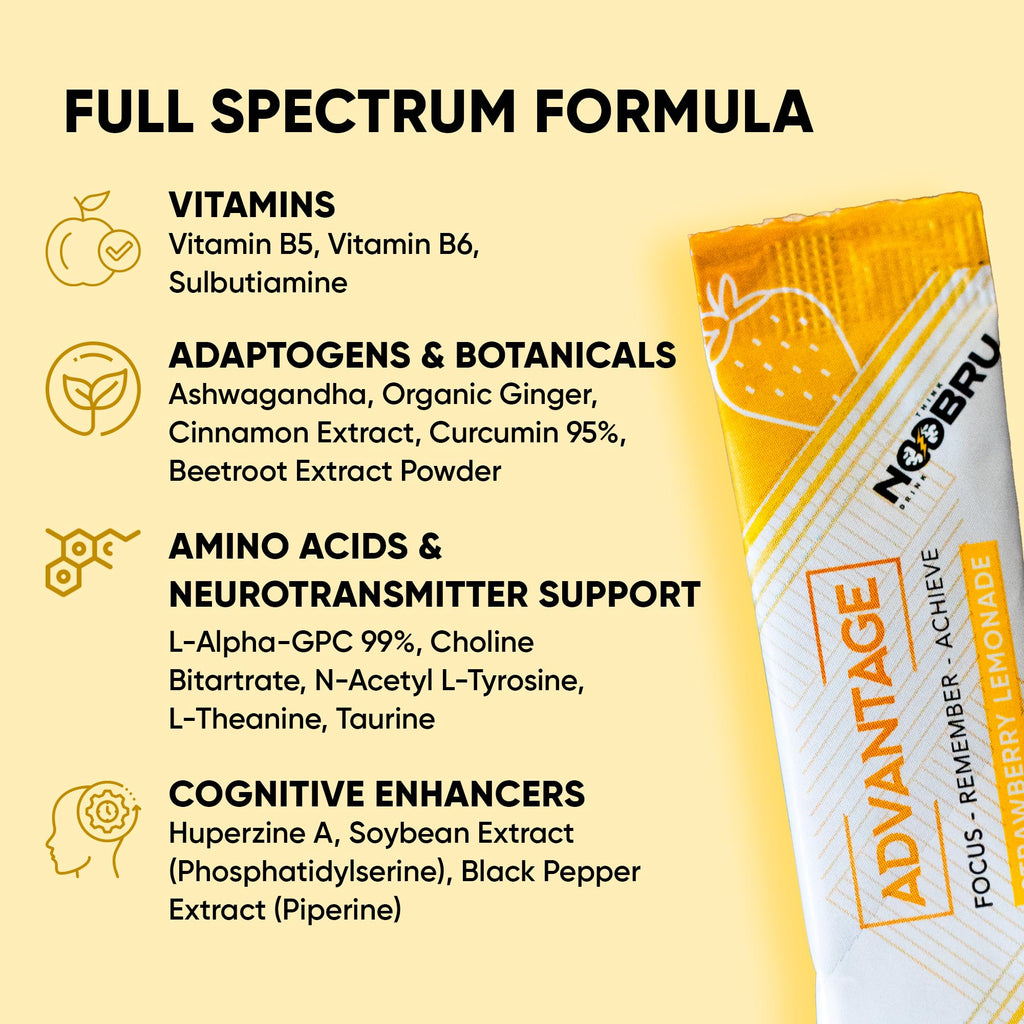 Noobru Аdvantage Nootropic - Delicious Nootropics Brain Supplement with 11 Active Ingredients - Natural Cognitive Enhancer - 20 Strawberry Lemonade Sachets - 1 Month Supply, 20 Count (Pack of 1) Noobru Au supplements