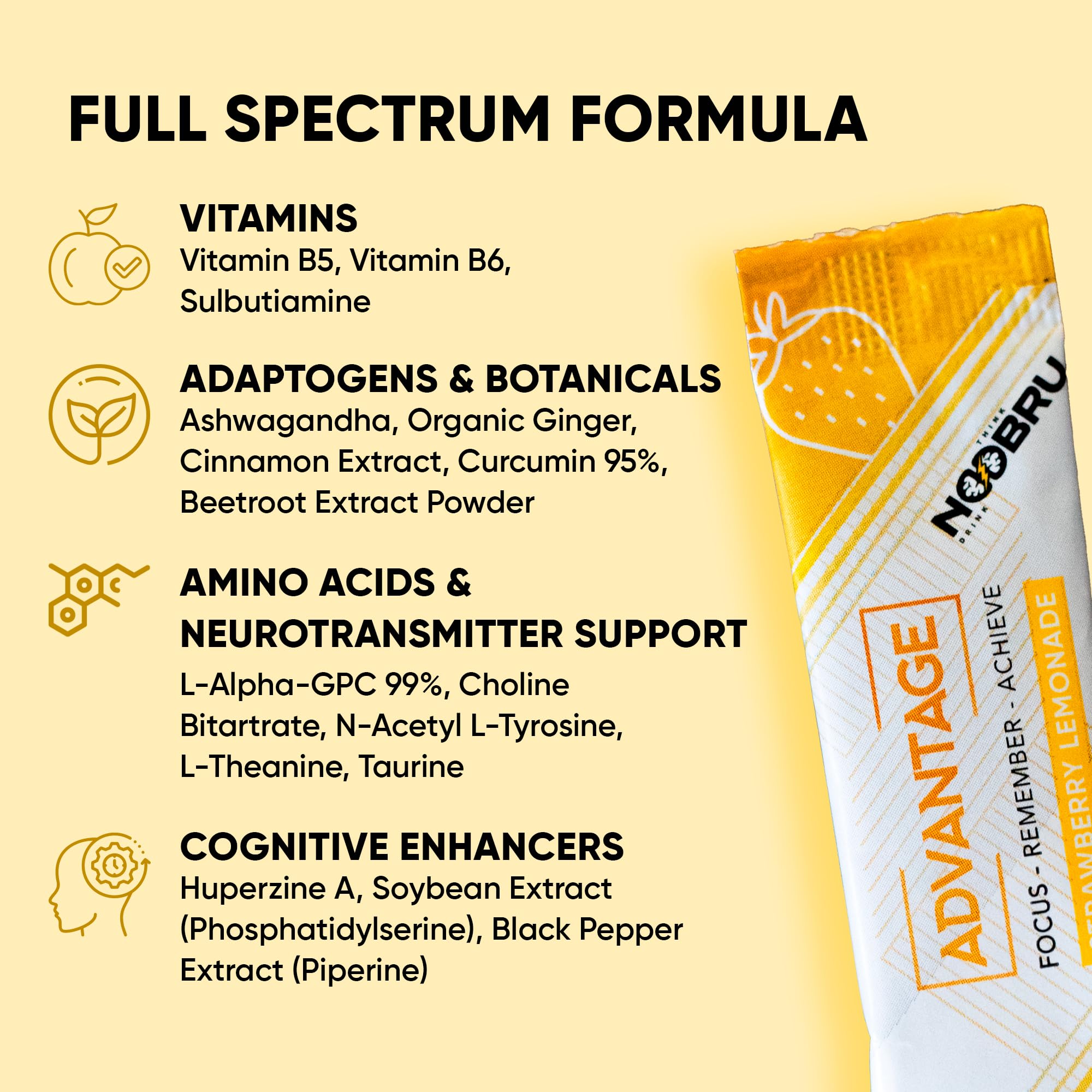 Noobru Аdvantage Nootropic - Delicious Nootropics Brain Supplement with 11 Active Ingredients - Natural Cognitive Enhancer - 20 Strawberry Lemonade Sachets - 1 Month Supply, 20 Count (Pack of 1) Noobru Au supplements