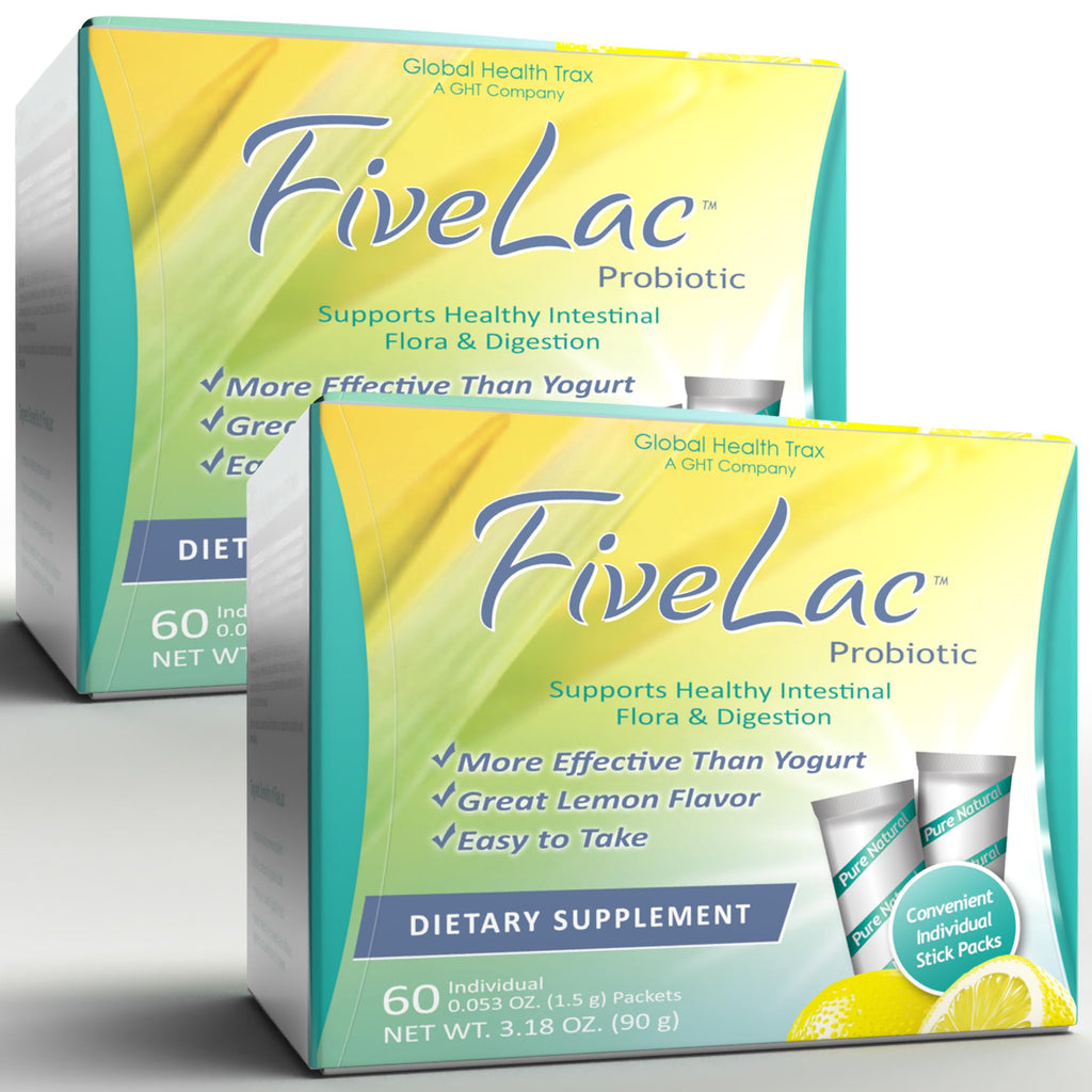 Global Health Trax GHT - FiveLac Lemon Probiotic Powder Drink Mix, Probiotics for Women, Men & Kids - Smooth Digestive Support & Elimination - Relieves Constipation & Gas - 60 Packets (2 Pack) Non-GMO ght Global Health Trax Au supplements