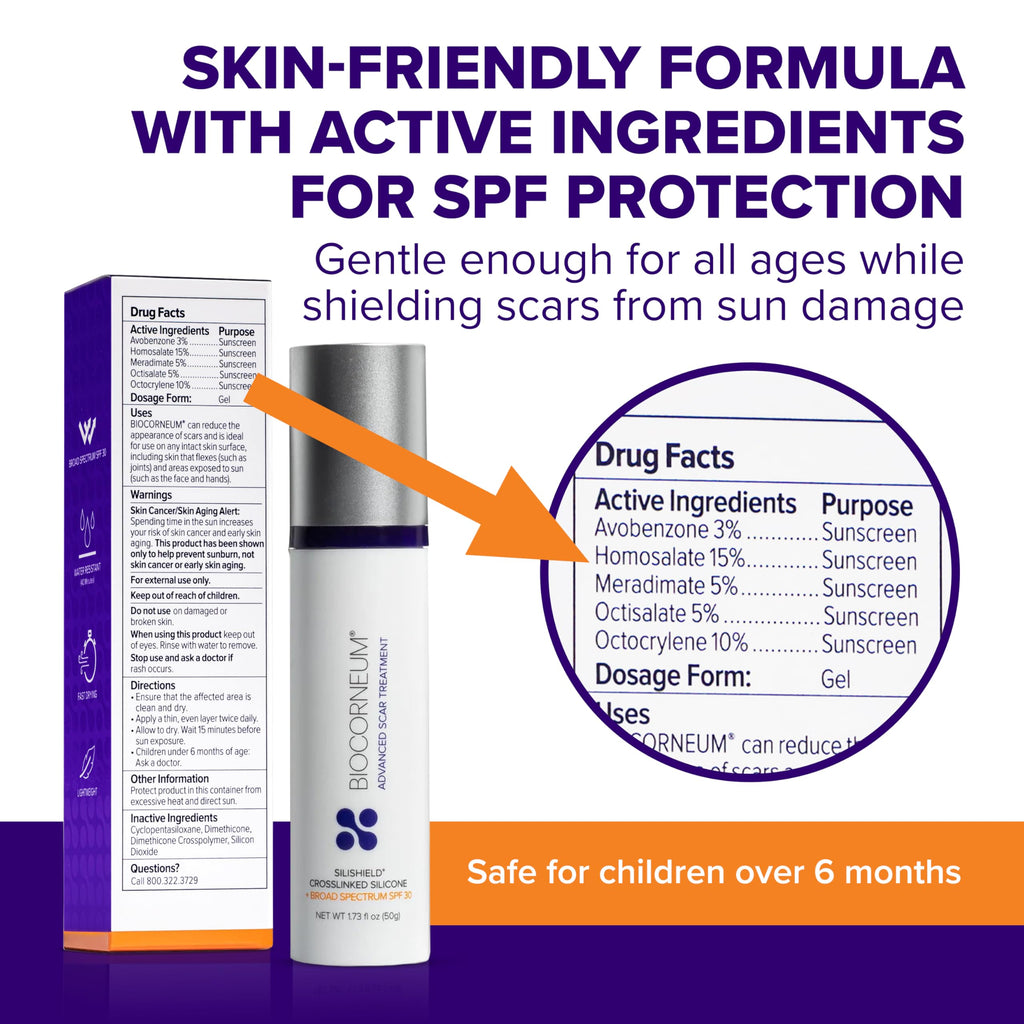 Biocorneum Advanced Scar Treatment with Silishield® & SPF 30 10g – Medical Grade Silicone Gel to Support Healing of Surgical Scars and Marks