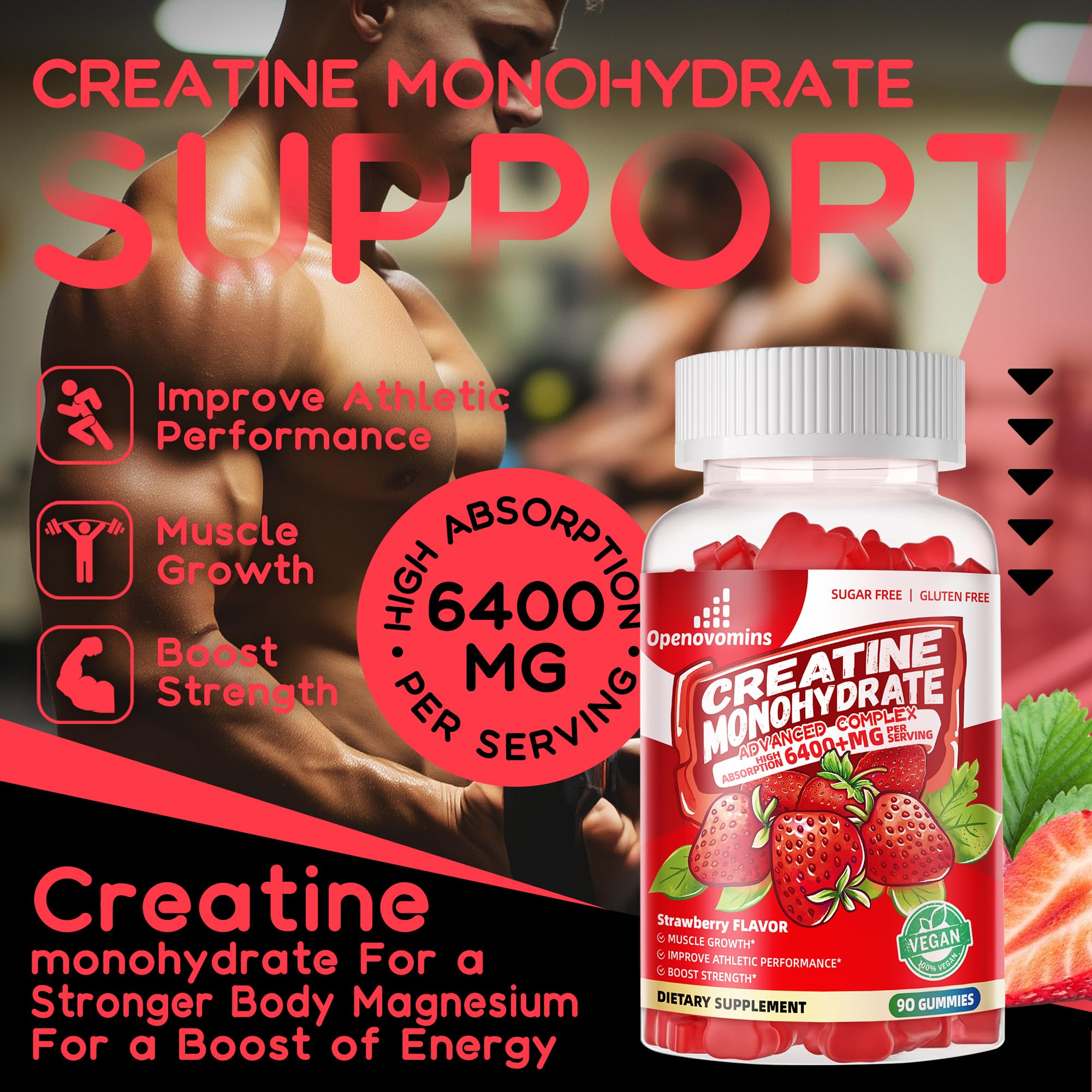 Creatine Monohydrate Gummies Complex for Men & Women -Advanced Formula W/L-Taurine + Vitamin B12, Sugar Free Chewable Supplement,90 Strawberry Gummies Openovomins Au supplements